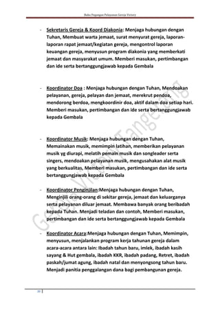 Buku Pegangan Pelayanan Gereja Victory
20
- Sekretaris Gereja & Koord Diakonia: Menjaga hubungan dengan
Tuhan, Membuat warta jemaat, surat menyurat gereja, laporan-
laporan rapat jemaat/kegiatan gereja, mengontrol laporan
keuangan gereja, menyusun program diakonia yang memberkati
jemaat dan masyarakat umum. Memberi masukan, pertimbangan
dan ide serta bertanggungjawab kepada Gembala
- Koordinator Doa : Menjaga hubungan dengan Tuhan, Mendoakan
pelayanan, gereja, pelayan dan jemaat, merekrut pendoa,
mendorong berdoa, mengkoordinir doa, aktif dalam doa setiap hari.
Memberi masukan, pertimbangan dan ide serta bertanggungjawab
kepada Gembala
- Koordinator Musik: Menjaga hubungan dengan Tuhan,
Memainakan musik, memimpin latihan, memberikan pelayanan
musik yg diurapi, melatih pemain musik dan songleader serta
singers, mendoakan pelayanan musik, mengusahakan alat musik
yang berkualitas, Memberi masukan, pertimbangan dan ide serta
bertanggungjawab kepada Gembala
- Koordinator Penginjilan:Menjaga hubungan dengan Tuhan,
Menginjili orang-orang di sekitar gereja, jemaat dan keluarganya
serta pelayanan diluar jemaat. Membawa banyak orang beribadah
kepada Tuhan. Menjadi teladan dan contoh, Memberi masukan,
pertimbangan dan ide serta bertanggungjawab kepada Gembala
- Koordinator Acara:Menjaga hubungan dengan Tuhan, Memimpin,
menyusun, menjalankan program kerja tahunan gereja dalam
acara-acara antara lain: Ibadah tahun baru, imlek, ibadah kasih
sayang & Hut gembala, ibadah KKR, ibadah padang, Retret, ibadah
paskah/jumat agung, ibadah natal dan menyongsong tahun baru.
Menjadi panitia penggalangan dana bagi pembangunan gereja.
 