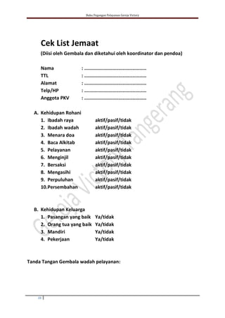 Buku Pegangan Pelayanan Gereja Victory
23
Cek List Jemaat
(Diisi oleh Gembala dan diketahui oleh koordinator dan pendoa)
Nama : ............................................
TTL : ............................................
Alamat : ............................................
Telp/HP : ............................................
Anggota PKV : ............................................
A. Kehidupan Rohani
1. Ibadah raya aktif/pasif/tidak
2. Ibadah wadah aktif/pasif/tidak
3. Menara doa aktif/pasif/tidak
4. Baca Alkitab aktif/pasif/tidak
5. Pelayanan aktif/pasif/tidak
6. Menginjil aktif/pasif/tidak
7. Bersaksi aktif/pasif/tidak
8. Mengasihi aktif/pasif/tidak
9. Perpuluhan aktif/pasif/tidak
10.Persembahan aktif/pasif/tidak
B. Kehidupan Keluarga
1. Pasangan yang baik Ya/tidak
2. Orang tua yang baik Ya/tidak
3. Mandiri Ya/tidak
4. Pekerjaan Ya/tidak
Tanda Tangan Gembala wadah pelayanan:
 