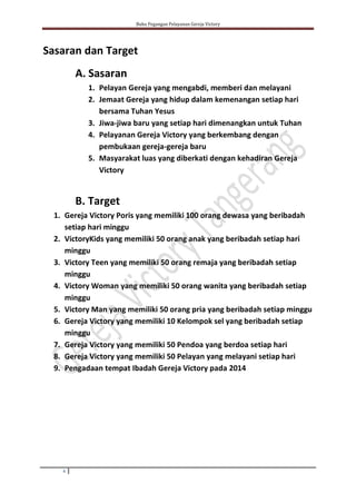 Buku Pegangan Pelayanan Gereja Victory
4
Sasaran dan Target
A. Sasaran
1. Pelayan Gereja yang mengabdi, memberi dan melayani
2. Jemaat Gereja yang hidup dalam kemenangan setiap hari
bersama Tuhan Yesus
3. Jiwa-jiwa baru yang setiap hari dimenangkan untuk Tuhan
4. Pelayanan Gereja Victory yang berkembang dengan
pembukaan gereja-gereja baru
5. Masyarakat luas yang diberkati dengan kehadiran Gereja
Victory
B. Target
1. Gereja Victory Poris yang memiliki 100 orang dewasa yang beribadah
setiap hari minggu
2. VictoryKids yang memiliki 50 orang anak yang beribadah setiap hari
minggu
3. Victory Teen yang memiliki 50 orang remaja yang beribadah setiap
minggu
4. Victory Woman yang memiliki 50 orang wanita yang beribadah setiap
minggu
5. Victory Man yang memiliki 50 orang pria yang beribadah setiap minggu
6. Gereja Victory yang memiliki 10 Kelompok sel yang beribadah setiap
minggu
7. Gereja Victory yang memiliki 50 Pendoa yang berdoa setiap hari
8. Gereja Victory yang memiliki 50 Pelayan yang melayani setiap hari
9. Pengadaan tempat Ibadah Gereja Victory pada 2014
 