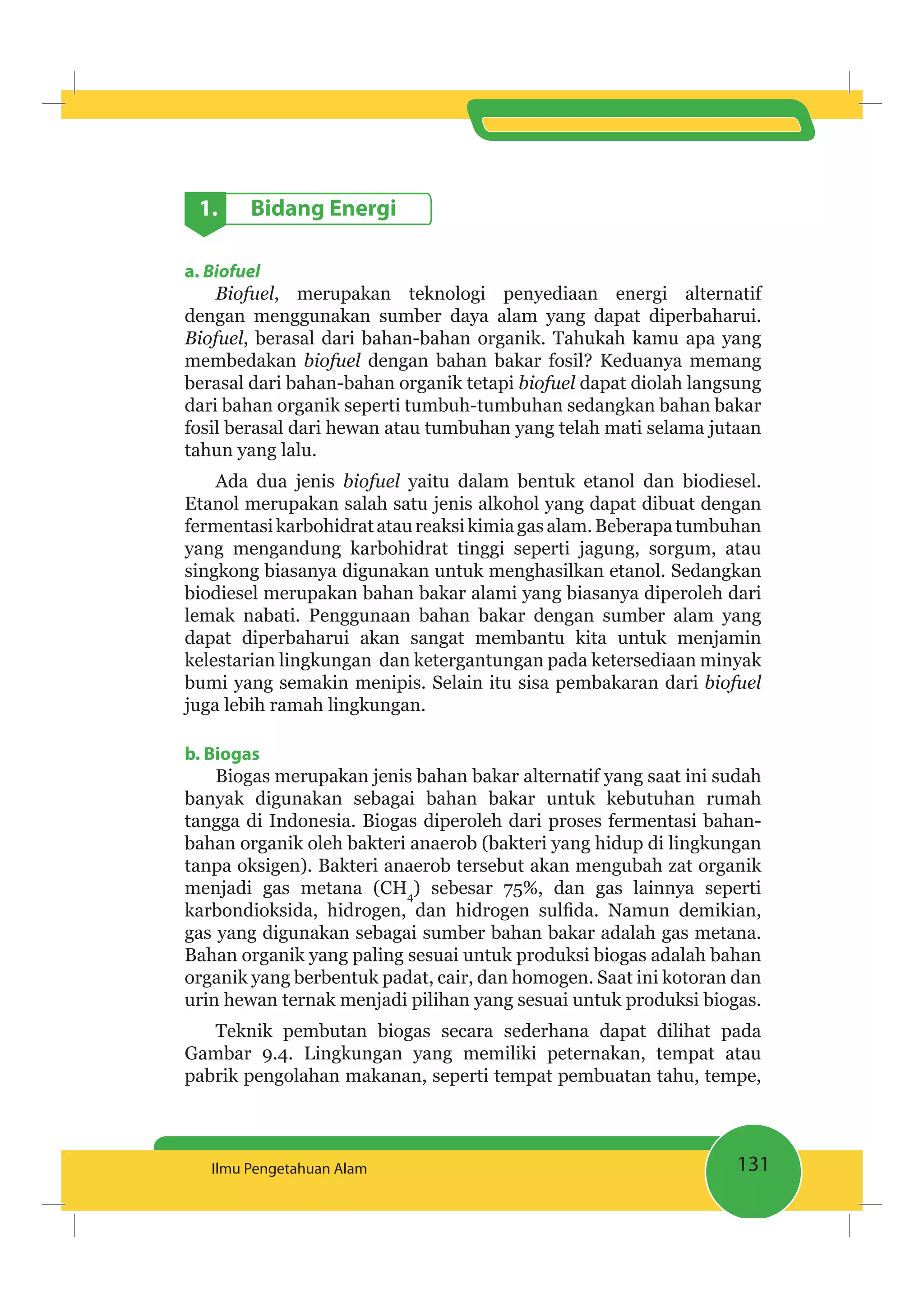 131Ilmu Pengetahuan Alam
1. Bidang Energi
a. Biofuel
Biofuel, merupakan teknologi penyediaan energi alternatif
dengan menggunakan sumber daya alam yang dapat diperbaharui.
Biofuel, berasal dari bahan-bahan organik. Tahukah kamu apa yang
membedakan biofuel dengan bahan bakar fosil? Keduanya memang
berasal dari bahan-bahan organik tetapi biofuel dapat diolah langsung
dari bahan organik seperti tumbuh-tumbuhan sedangkan bahan bakar
fosil berasal dari hewan atau tumbuhan yang telah mati selama jutaan
tahun yang lalu.
Ada dua jenis yaitu dalam bentuk etanol dan biodiesel.
Etanol merupakan salah satu jenis alkohol yang dapat dibuat dengan
fermentasikarbohidratataureaksikimiagasalam.Beberapatumbuhan
yang mengandung karbohidrat tinggi seperti jagung, sorgum, atau
singkong biasanya digunakan untuk menghasilkan etanol. Sedangkan
biodiesel merupakan bahan bakar alami yang biasanya diperoleh dari
lemak nabati. Penggunaan bahan bakar dengan sumber alam yang
dapat diperbaharui akan sangat membantu kita untuk menjamin
kelestarian lingkungan dan ketergantungan pada ketersediaan minyak
bumi yang semakin menipis. Selain itu sisa pembakaran dari biofuel
juga lebih ramah lingkungan.
b. Biogas
Biogas merupakan jenis bahan bakar alternatif yang saat ini sudah
banyak digunakan sebagai bahan bakar untuk kebutuhan rumah
tangga di Indonesia. Biogas diperoleh dari proses fermentasi bahan-
bahan organik oleh bakteri anaerob (bakteri yang hidup di lingkungan
tanpa oksigen). Bakteri anaerob tersebut akan mengubah zat organik
menjadi gas metana (CH4
) sebesar 75%, dan gas lainnya seperti
gas yang digunakan sebagai sumber bahan bakar adalah gas metana.
Bahan organik yang paling sesuai untuk produksi biogas adalah bahan
organik yang berbentuk padat, cair, dan homogen. Saat ini kotoran dan
urin hewan ternak menjadi pilihan yang sesuai untuk produksi biogas.
Teknik pembutan biogas secara sederhana dapat dilihat pada
Gambar 9.4. Lingkungan yang memiliki peternakan, tempat atau
pabrik pengolahan makanan, seperti tempat pembuatan tahu, tempe,
 