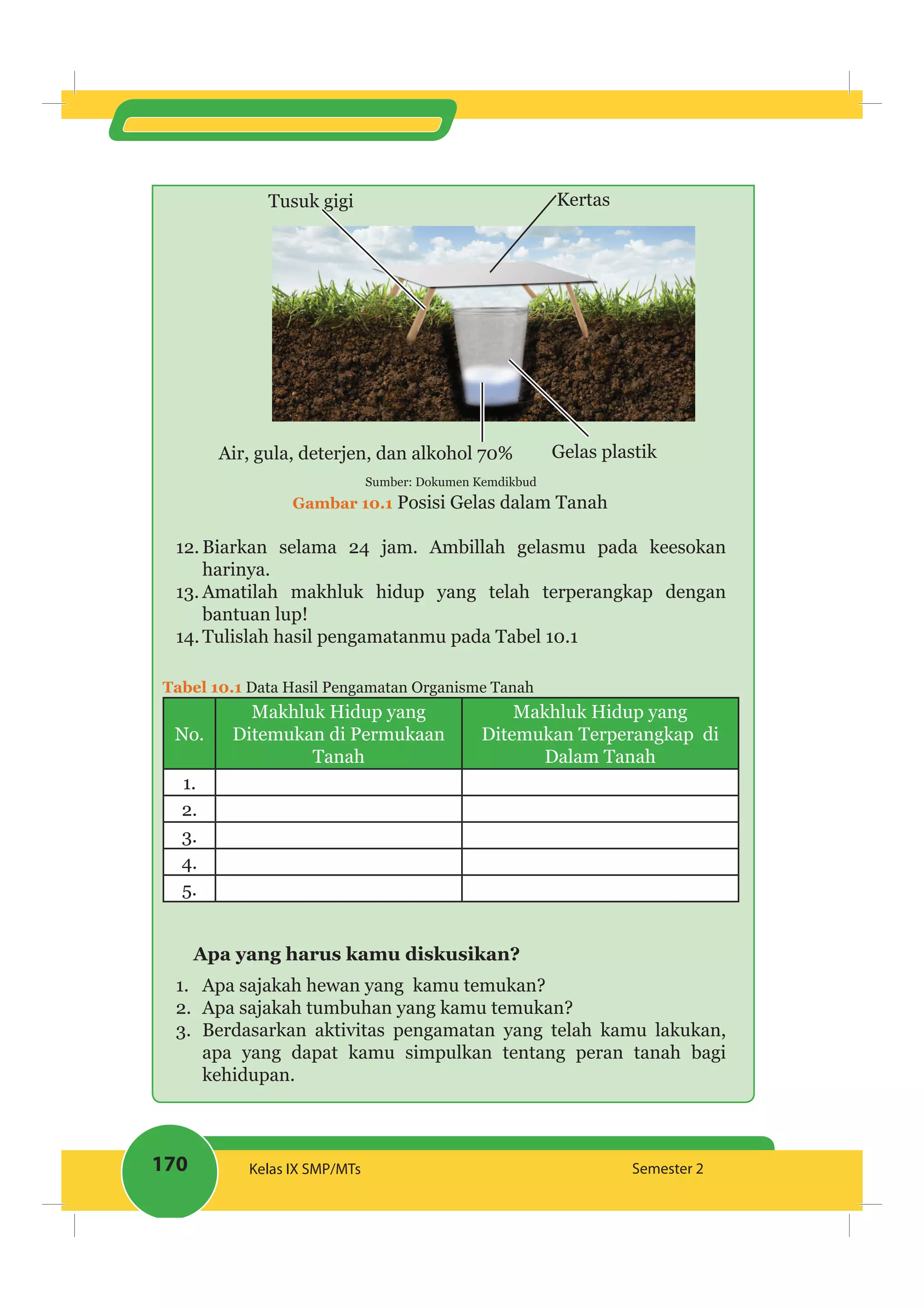 170 Kelas IX SMP/MTs Semester 2
KertasTusuk gigi
Air, gula, deterjen, dan alkohol 70% Gelas plastik
Sumber: Dokumen Kemdikbud
Gambar 10.1 Posisi Gelas dalam Tanah
12. Biarkan selama 24 jam. Ambillah gelasmu pada keesokan
harinya.
13. Amatilah makhluk hidup yang telah terperangkap dengan
bantuan lup!
14. Tulislah hasil pengamatanmu pada Tabel 10.1
Tabel 10.1 Data Hasil Pengamatan Organisme Tanah
No.
Makhluk Hidup yang
Ditemukan di Permukaan
Tanah
Makhluk Hidup yang
Ditemukan Terperangkap di
Dalam Tanah
1.
2.
3.
4.
5.
Apa yang harus kamu diskusikan?
1. Apa sajakah hewan yang kamu temukan?
2. Apa sajakah tumbuhan yang kamu temukan?
3. Berdasarkan aktivitas pengamatan yang telah kamu lakukan,
apa yang dapat kamu simpulkan tentang peran tanah bagi
kehidupan.
 