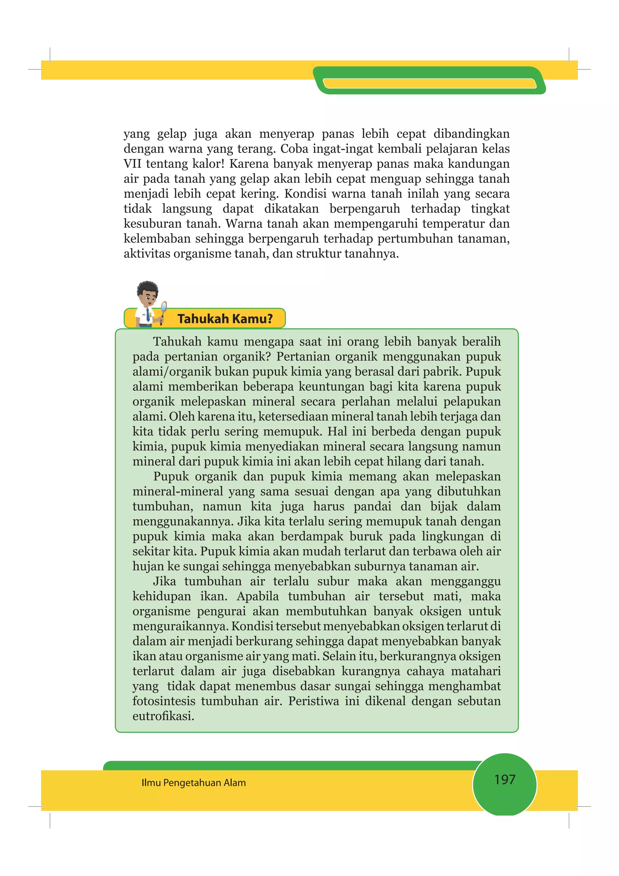 197Ilmu Pengetahuan Alam
yang gelap juga akan menyerap panas lebih cepat dibandingkan
dengan warna yang terang. Coba ingat-ingat kembali pelajaran kelas
VII tentang kalor! Karena banyak menyerap panas maka kandungan
air pada tanah yang gelap akan lebih cepat menguap sehingga tanah
menjadi lebih cepat kering. Kondisi warna tanah inilah yang secara
tidak langsung dapat dikatakan berpengaruh terhadap tingkat
kesuburan tanah. Warna tanah akan mempengaruhi temperatur dan
kelembaban sehingga berpengaruh terhadap pertumbuhan tanaman,
aktivitas organisme tanah, dan struktur tanahnya.
Tahukah Kamu?
Tahukah kamu mengapa saat ini orang lebih banyak beralih
pada pertanian organik? Pertanian organik menggunakan pupuk
alami/organik bukan pupuk kimia yang berasal dari pabrik. Pupuk
alami memberikan beberapa keuntungan bagi kita karena pupuk
organik melepaskan mineral secara perlahan melalui pelapukan
alami. Oleh karena itu, ketersediaan mineral tanah lebih terjaga dan
kita tidak perlu sering memupuk. Hal ini berbeda dengan pupuk
kimia, pupuk kimia menyediakan mineral secara langsung namun
mineral dari pupuk kimia ini akan lebih cepat hilang dari tanah.
Pupuk organik dan pupuk kimia memang akan melepaskan
mineral-mineral yang sama sesuai dengan apa yang dibutuhkan
tumbuhan, namun kita juga harus pandai dan bijak dalam
menggunakannya. Jika kita terlalu sering memupuk tanah dengan
pupuk kimia maka akan berdampak buruk pada lingkungan di
sekitar kita. Pupuk kimia akan mudah terlarut dan terbawa oleh air
hujan ke sungai sehingga menyebabkan suburnya tanaman air.
Jika tumbuhan air terlalu subur maka akan mengganggu
kehidupan ikan. Apabila tumbuhan air tersebut mati, maka
organisme pengurai akan membutuhkan banyak oksigen untuk
menguraikannya. Kondisi tersebut menyebabkan oksigen terlarut di
dalam air menjadi berkurang sehingga dapat menyebabkan banyak
ikan atau organisme air yang mati. Selain itu, berkurangnya oksigen
terlarut dalam air juga disebabkan kurangnya cahaya matahari
yang tidak dapat menembus dasar sungai sehingga menghambat
fotosintesis tumbuhan air. Peristiwa ini dikenal dengan sebutan
 