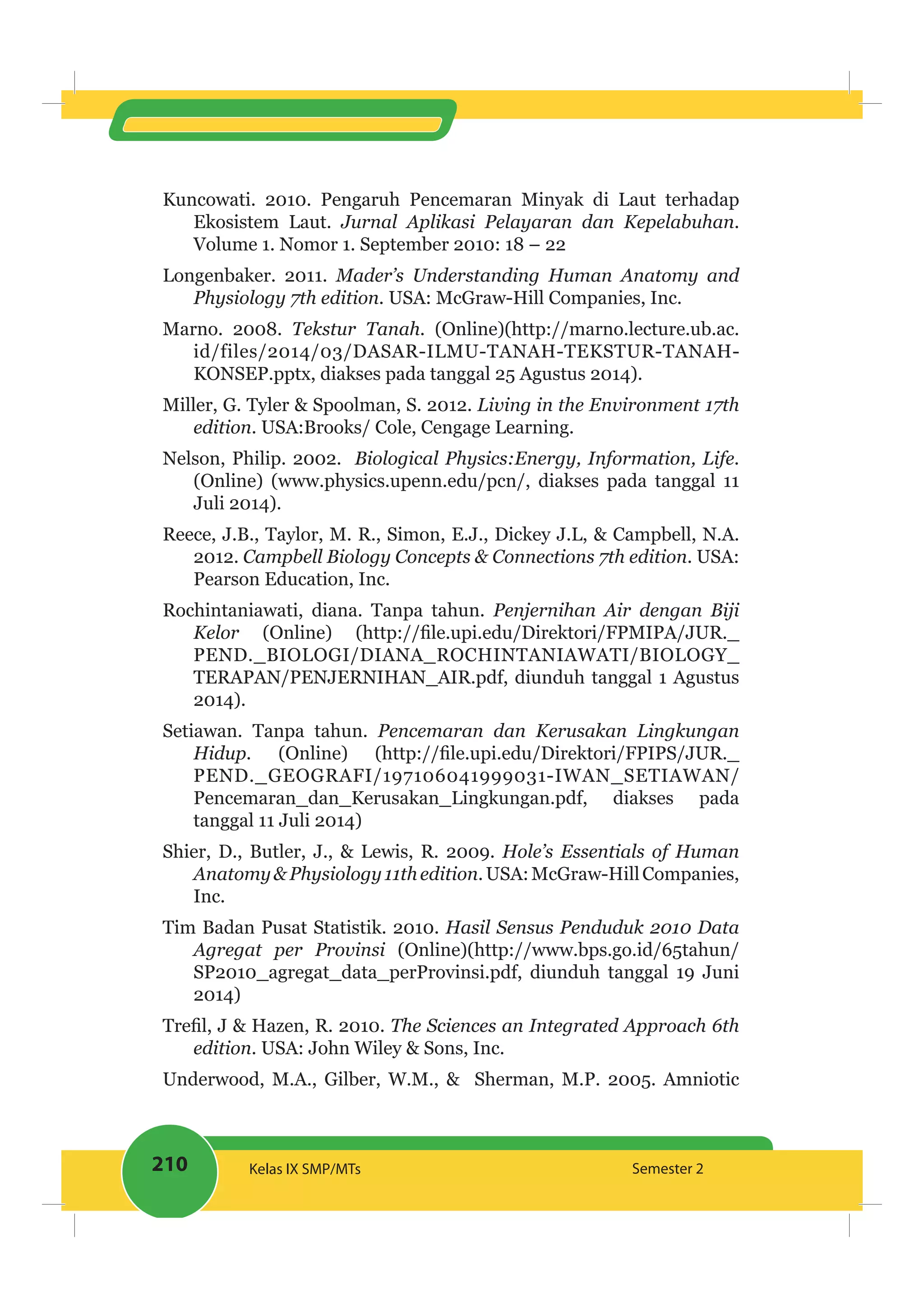 210 Kelas IX SMP/MTs Semester 2
Kuncowati. 2010. Pengaruh Pencemaran Minyak di Laut terhadap
Ekosistem Laut. Jurnal Aplikasi Pelayaran dan Kepelabuhan.
Volume 1. Nomor 1. September 2010: 18 – 22
Longenbaker. 2011. Mader’s Understanding Human Anatomy and
Physiology 7th edition. USA: McGraw-Hill Companies, Inc.
Marno. 2008. Tekstur Tanah. (Online)(http://marno.lecture.ub.ac.
id/files/2014/03/DASAR-ILMU-TANAH-TEKSTUR-TANAH-
KONSEP.pptx, diakses pada tanggal 25 Agustus 2014).
Miller, G. Tyler & Spoolman, S. 2012. Living in the Environment 17th
edition. USA:Brooks/ Cole, Cengage Learning.
Nelson, Philip. 2002. Biological Physics:Energy, Information, Life.
(Online) (www.physics.upenn.edu/pcn/, diakses pada tanggal 11
Juli 2014).
Reece, J.B., Taylor, M. R., Simon, E.J., Dickey J.L, & Campbell, N.A.
2012. Campbell Biology Concepts & Connections 7th edition. USA:
Pearson Education, Inc.
Rochintaniawati, diana. Tanpa tahun. Penjernihan Air dengan Biji
Kelor
PEND._BIOLOGI/DIANA_ROCHINTANIAWATI/BIOLOGY_
TERAPAN/PENJERNIHAN_AIR.pdf, diunduh tanggal 1 Agustus
2014).
Setiawan. Tanpa tahun. Pencemaran dan Kerusakan Lingkungan
Hidup.
PEND._GEOGRAFI/197106041999031-IWAN_SETIAWAN/
Pencemaran_dan_Kerusakan_Lingkungan.pdf, diakses pada
tanggal 11 Juli 2014)
Shier, D., Butler, J., & Lewis, R. 2009. Hole’s Essentials of Human
Anatomy&Physiology11thedition.USA:McGraw-HillCompanies,
Inc.
Tim Badan Pusat Statistik. 2010. Hasil Sensus Penduduk 2010 Data
Agregat per Provinsi (Online)(http://www.bps.go.id/65tahun/
SP2010_agregat_data_perProvinsi.pdf, diunduh tanggal 19 Juni
2014)
The Sciences an Integrated Approach 6th
edition. USA: John Wiley & Sons, Inc.
Underwood, M.A., Gilber, W.M., & Sherman, M.P. 2005. Amniotic
 