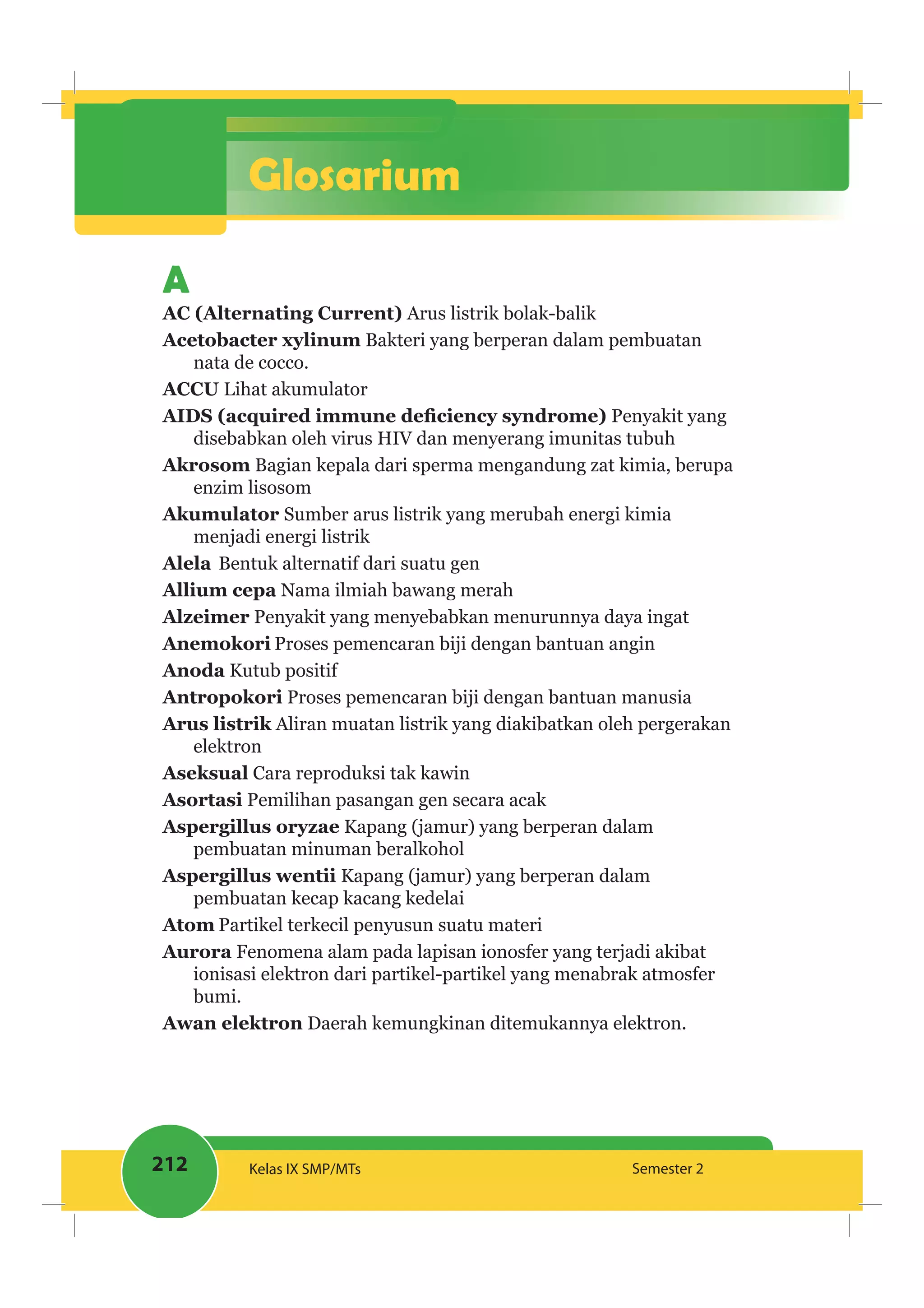 212 Kelas IX SMP/MTs Semester 2
Glosarium
A
AC (Alternating Current) Arus listrik bolak-balik
Acetobacter xylinum Bakteri yang berperan dalam pembuatan
nata de cocco.
ACCU Lihat akumulator
Penyakit yang
disebabkan oleh virus HIV dan menyerang imunitas tubuh
Bagian kepala dari sperma mengandung zat kimia, berupa
enzim lisosom
Akumulator Sumber arus listrik yang merubah energi kimia
menjadi energi listrik
Alela Bentuk alternatif dari suatu gen
Allium cepa Nama ilmiah bawang merah
Alzeimer Penyakit yang menyebabkan menurunnya daya ingat
Anemokori Proses pemencaran biji dengan bantuan angin
Anoda Kutub positif
Antropokori Proses pemencaran biji dengan bantuan manusia
Aliran muatan listrik yang diakibatkan oleh pergerakan
elektron
Cara reproduksi tak kawin
Pemilihan pasangan gen secara acak
Kapang (jamur) yang berperan dalam
pembuatan minuman beralkohol
Kapang (jamur) yang berperan dalam
pembuatan kecap kacang kedelai
Atom Partikel terkecil penyusun suatu materi
Aurora Fenomena alam pada lapisan ionosfer yang terjadi akibat
ionisasi elektron dari partikel-partikel yang menabrak atmosfer
bumi.
Daerah kemungkinan ditemukannya elektron.
 