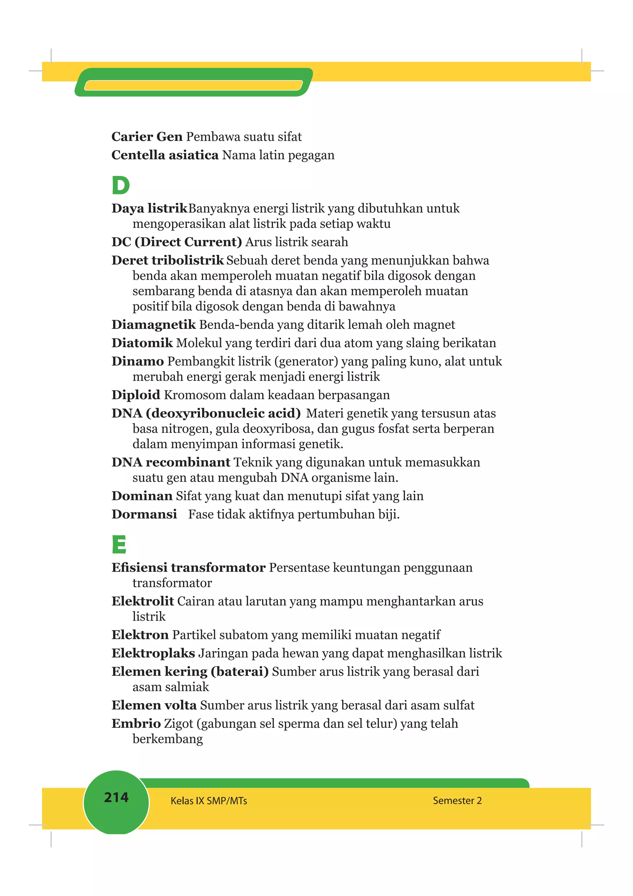 214 Kelas IX SMP/MTs Semester 2
Carier Gen Pembawa suatu sifat
Nama latin pegagan
D
Banyaknya energi listrik yang dibutuhkan untuk
mengoperasikan alat listrik pada setiap waktu
DC (Direct Current) Arus listrik searah
Sebuah deret benda yang menunjukkan bahwa
benda akan memperoleh muatan negatif bila digosok dengan
sembarang benda di atasnya dan akan memperoleh muatan
positif bila digosok dengan benda di bawahnya
Diamagnetik Benda-benda yang ditarik lemah oleh magnet
Diatomik Molekul yang terdiri dari dua atom yang slaing berikatan
Dinamo Pembangkit listrik (generator) yang paling kuno, alat untuk
merubah energi gerak menjadi energi listrik
Diploid Kromosom dalam keadaan berpasangan
DNA (deoxyribonucleic acid) Materi genetik yang tersusun atas
basa nitrogen, gula deoxyribosa, dan gugus fosfat serta berperan
dalam menyimpan informasi genetik.
DNA recombinant Teknik yang digunakan untuk memasukkan
suatu gen atau mengubah DNA organisme lain.
Dominan Sifat yang kuat dan menutupi sifat yang lain
Fase tidak aktifnya pertumbuhan biji.
E
Persentase keuntungan penggunaan
transformator
Elektrolit Cairan atau larutan yang mampu menghantarkan arus
listrik
Elektron Partikel subatom yang memiliki muatan negatif
Jaringan pada hewan yang dapat menghasilkan listrik
Elemen kering (baterai) Sumber arus listrik yang berasal dari
asam salmiak
Elemen volta Sumber arus listrik yang berasal dari asam sulfat
Embrio Zigot (gabungan sel sperma dan sel telur) yang telah
berkembang
 