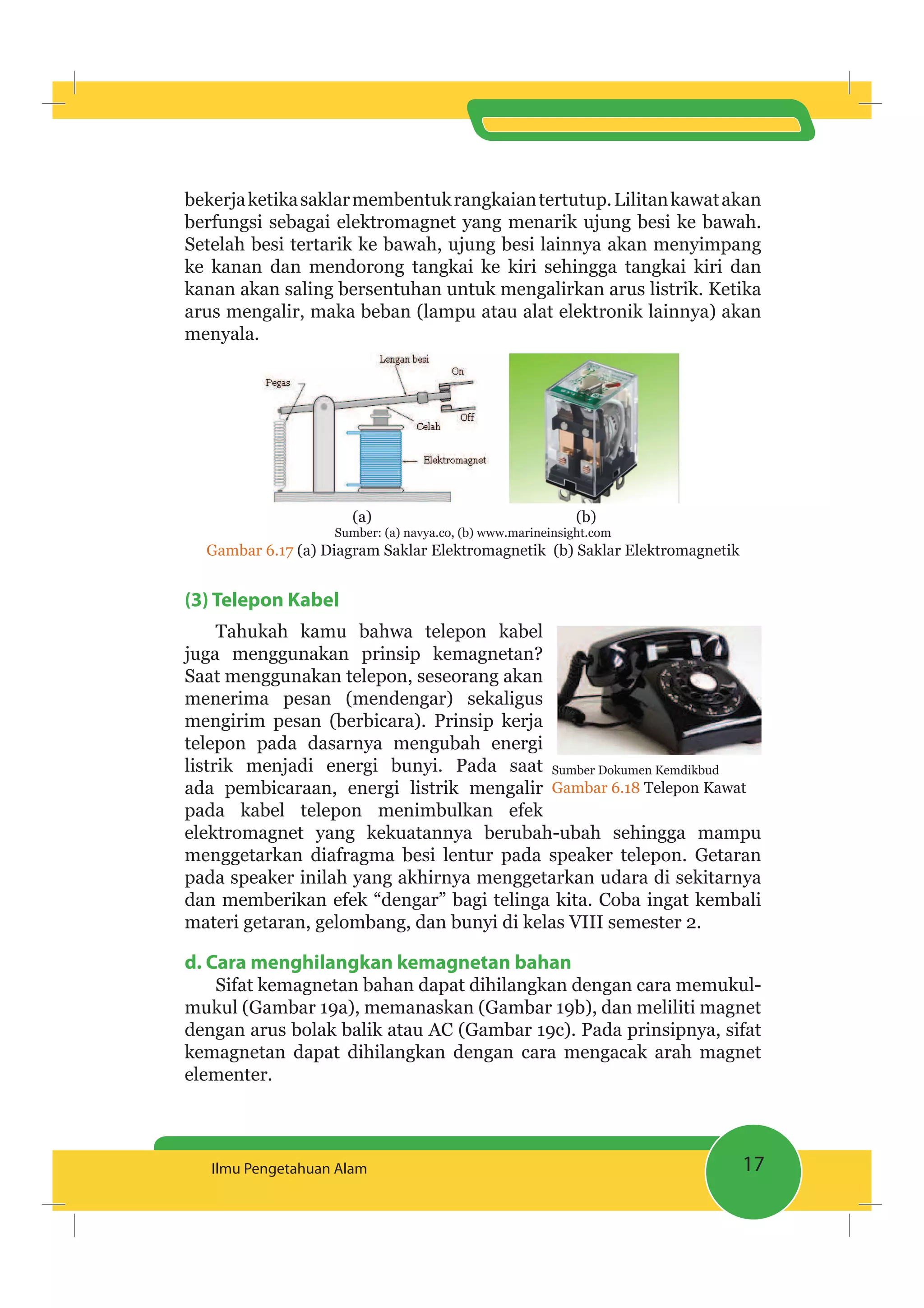 17Ilmu Pengetahuan Alam
bekerjaketikasaklarmembentukrangkaiantertutup.Lilitankawatakan
berfungsi sebagai elektromagnet yang menarik ujung besi ke bawah.
Setelah besi tertarik ke bawah, ujung besi lainnya akan menyimpang
ke kanan dan mendorong tangkai ke kiri sehingga tangkai kiri dan
kanan akan saling bersentuhan untuk mengalirkan arus listrik. Ketika
arus mengalir, maka beban (lampu atau alat elektronik lainnya) akan
menyala.
(a) (b)
Sumber: (a) navya.co, (b) www.marineinsight.com
Gambar 6.17 (a) Diagram Saklar Elektromagnetik (b) Saklar Elektromagnetik
(3) Telepon Kabel
Tahukah kamu bahwa telepon kabel
juga menggunakan prinsip kemagnetan?
Saat menggunakan telepon, seseorang akan
menerima pesan (mendengar) sekaligus
mengirim pesan (berbicara). Prinsip kerja
telepon pada dasarnya mengubah energi
listrik menjadi energi bunyi. Pada saat
ada pembicaraan, energi listrik mengalir
pada kabel telepon menimbulkan efek
elektromagnet yang kekuatannya berubah-ubah sehingga mampu
menggetarkan diafragma besi lentur pada speaker telepon. Getaran
pada speaker inilah yang akhirnya menggetarkan udara di sekitarnya
dan memberikan efek “dengar” bagi telinga kita. Coba ingat kembali
materi getaran, gelombang, dan bunyi di kelas VIII semester 2.
d. Cara menghilangkan kemagnetan bahan
Sifat kemagnetan bahan dapat dihilangkan dengan cara memukul-
mukul (Gambar 19a), memanaskan (Gambar 19b), dan meliliti magnet
dengan arus bolak balik atau AC (Gambar 19c). Pada prinsipnya, sifat
kemagnetan dapat dihilangkan dengan cara mengacak arah magnet
elementer.
Sumber Dokumen Kemdikbud
Gambar 6.18 Telepon Kawat
 