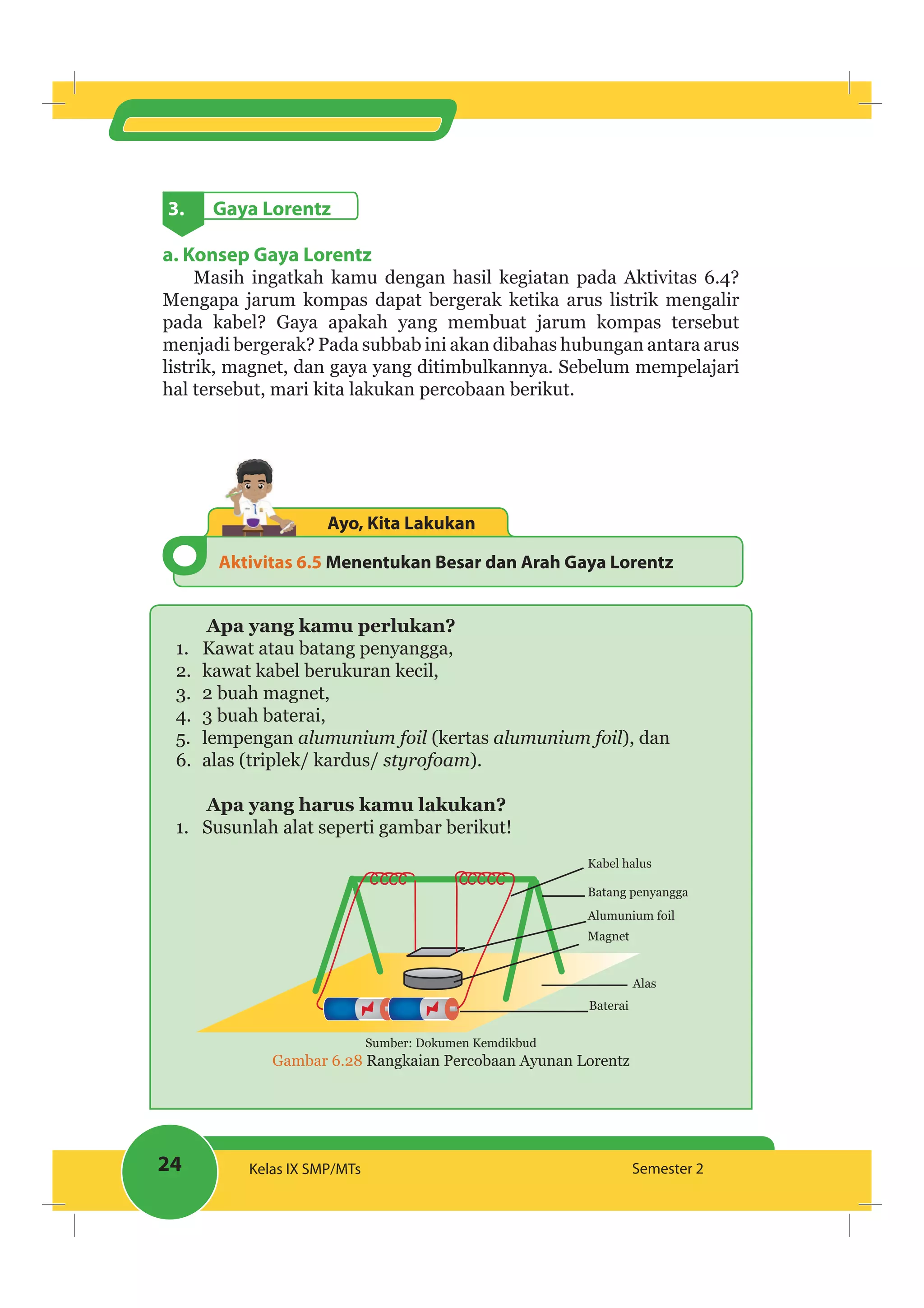 24 Kelas IX SMP/MTs Semester 2
3. Gaya Lorentz
a. Konsep Gaya Lorentz
Masih ingatkah kamu dengan hasil kegiatan pada Aktivitas 6.4?
Mengapa jarum kompas dapat bergerak ketika arus listrik mengalir
pada kabel? Gaya apakah yang membuat jarum kompas tersebut
menjadi bergerak? Pada subbab ini akan dibahas hubungan antara arus
listrik, magnet, dan gaya yang ditimbulkannya. Sebelum mempelajari
hal tersebut, mari kita lakukan percobaan berikut.
Aktivitas 6.5 Menentukan Besar dan Arah Gaya Lorentz
Ayo, Kita Lakukan
Apa yang kamu perlukan?
1. Kawat atau batang penyangga,
2. kawat kabel berukuran kecil,
3. 2 buah magnet,
4. 3 buah baterai,
5. lempengan alumunium foil (kertas alumunium foil), dan
6. alas (triplek/ kardus/ styrofoam).
Apa yang harus kamu lakukan?
1. Susunlah alat seperti gambar berikut!
Batang penyangga
Kabel halus
Alumunium foil
Magnet
Baterai
Alas
Sumber: Dokumen Kemdikbud
Gambar 6.28 Rangkaian Percobaan Ayunan Lorentz
 