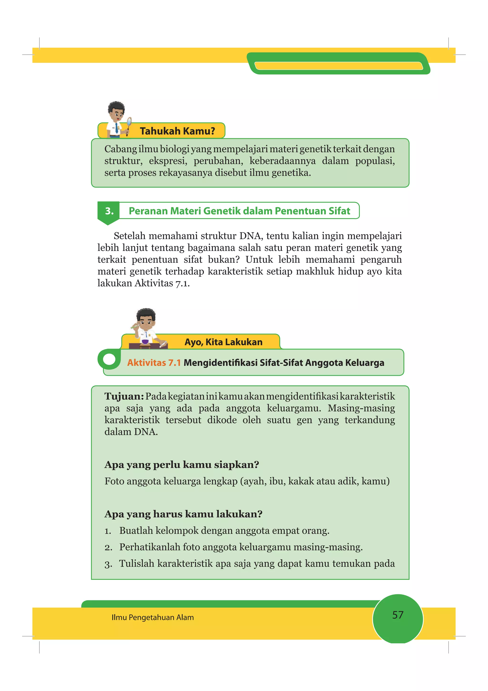 57Ilmu Pengetahuan Alam
Tahukah Kamu?
Cabangilmubiologiyangmempelajarimaterigenetikterkaitdengan
struktur, ekspresi, perubahan, keberadaannya dalam populasi,
serta proses rekayasanya disebut ilmu genetika.
3. Peranan Materi Genetik dalam Penentuan Sifat
Setelah memahami struktur DNA, tentu kalian ingin mempelajari
lebih lanjut tentang bagaimana salah satu peran materi genetik yang
terkait penentuan sifat bukan? Untuk lebih memahami pengaruh
materi genetik terhadap karakteristik setiap makhluk hidup ayo kita
lakukan Aktivitas 7.1.
Aktivitas 7.1 Mengidentiﬁkasi Sifat-Sifat Anggota Keluarga
Ayo, Kita Lakukan
Tujuan:
apa saja yang ada pada anggota keluargamu. Masing-masing
karakteristik tersebut dikode oleh suatu gen yang terkandung
dalam DNA.
Apa yang perlu kamu siapkan?
Foto anggota keluarga lengkap (ayah, ibu, kakak atau adik, kamu)
Apa yang harus kamu lakukan?
1. Buatlah kelompok dengan anggota empat orang.
2. Perhatikanlah foto anggota keluargamu masing-masing.
3. Tulislah karakteristik apa saja yang dapat kamu temukan pada
 