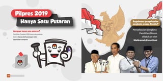 Hanya Satu Putaran
Pilpres 2019
Pemilihan Presiden 2019 hanya satu putaran
karena hanya ada 2 pasangan calon
capres dan cawapres
Mengapa hanya satu putaran?
Penyelesaian seng
Pemilihan Um
dilakukan
Mahkamah Konst
Bagaimana penyele
sengketa proses Pe
Hanya Satu Putaran
Pilpres 2019
Pemilihan Presiden 2019 hanya satu putaran
karena hanya ada 2 pasangan calon
capres dan cawapres
Mengapa hanya satu putaran?
Penyelesaian sengketa
Pemilihan Umum
dilakukan oleh
Mahkamah Konstitusi
Bagaimana penyelesaian
sengketa proses Pemilu?
20 21Pemilu Damai, Lebih Asyik Pemilu Damai, Lebih Asyik
 