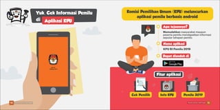 Yuk, Cek Informasi Pemilu
di Aplikasi KPU
Komisi Pemilihan Umum (KPU) meluncurkan
aplikasi pemilu berbasis android
Apa tujuannya?
Nama aplikasi
Memudahkan masyarakat maupun
peserta pemilu mendapatkan informasi
seputar tahapan pemilu
KPU RI Pemilu 2019
Dapat diunduh di
Fitur aplikasi
Cek Pemilih Info KPU Pemilu 2019
10 11Pemilu Damai, Lebih Asyik Pemilu Damai, Lebih Asyik
 