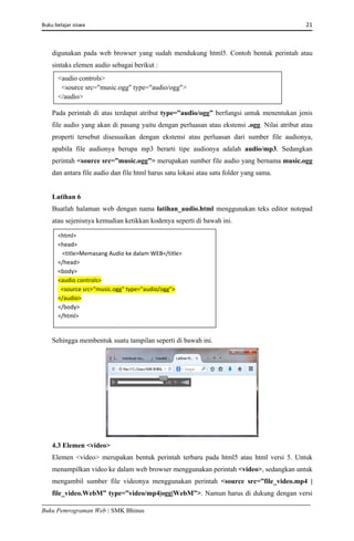 Buku belajar siswa     21 
Buku Pemrograman Web | SMK Bhinus
digunakan pada web browser yang sudah mendukung html5. Contoh bentuk perintah atau
sintaks elemen audio sebagai berikut :
Pada perintah di atas terdapat atribut type=”audio/ogg” berfungsi untuk menentukan jenis
file audio yang akan di pasang yaitu dengan perluasan atau ekstensi .ogg. Nilai atribut atau
properti tersebut disesuaikan dengan ekstensi atau perluasan dari sumber file audionya,
apabila file audionya berupa mp3 berarti tipe audionya adalah audio/mp3. Sedangkan
perintah <source src=”music.ogg”> merupakan sumber file audio yang bernama music.ogg
dan antara file audio dan file html harus satu lokasi atau satu folder yang sama.
Latihan 6
Buatlah halaman web dengan nama latihan_audio.html menggunakan teks editor notepad
atau sejenisnya kemudian ketikkan kodenya seperti di bawah ini.
Sehingga membentuk suatu tampilan seperti di bawah ini.
4.3 Elemen <video>
Elemen <video> merupakan bentuk perintah terbaru pada html5 atau html versi 5. Untuk
menampilkan video ke dalam web browser menggunakan perintah <video>, sedangkan untuk
mengambil sumber file videonya menggunakan perintah <source src=”file_video.mp4 |
file_video.WebM” type=”video/mp4|ogg|WebM”>. Namun harus di dukung dengan versi
<audio controls>
<source src="music.ogg" type="audio/ogg">
</audio>
<html> 
<head> 
   <title>Memasang Audio ke dalam WEB</title> 
</head> 
<body> 
<audio controls> 
  <source src="music.ogg" type="audio/ogg"> 
</audio> 
</body> 
</html> 
 