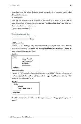 Buku belajar siswa     28 
Buku Pemrograman Web | SMK Bhinus
sedangkan input tipe submit berfungsi untuk menyetujui form kemudian mengirimkan
datanya ke halaman lain.
6. Input tipe File
Input tipe file digunakan untuk melampirkan file yang akan di upload ke server, hal itu
harus ditambahkan dengan atribut form enctype=“multipart/form-data” agar data yang
diidentifikasikan berupa lampiran file.
Contoh syntax input tipe file :
Contoh tampilan input file :
6.3 Elemen Select
Element SELECT berfungsi untuk mendefinisikan opsi pilihan pada form kontrol. Element
ini mempunyai attribute yaitu name, size, multiple(diizinkan banyak pilihan). Element ini
harus berada di dalam element form.
Sintaks:
6.4 Elemen Option
Element OPTION mendefinisikan opsi pilihan pada menu SELECT. Element ini mempunyai
attribute selected, dan value. Attribute selected opsi terpilih dan attribute value
berisikan nilai element OPTION.
Sintaks:
Perintah option tersebut di letakkan ke dalam perintah select, sehingga perintahnya seperti
berikut :
<select
name="name"
size="number"
multiple >
.....................
</select> 
<option
selected
value="nilai data" >
.....................
</option>
 