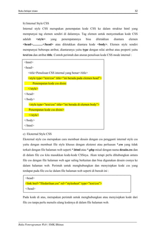 Buku belajar siswa     32 
Buku Pemrograman Web | SMK Bhinus
b) Internal Style CSS
Internal style CSS merupakan penempatan kode CSS ke dalam struktur html yang
mempunyai tag elemen sendiri di dalamnya. Tag elemen untuk menyematkan kode CSS
adalah <style> yang penempatannya bisa diletakkan diantara elemen
<head>.............</head> atau diletakkan diantara kode <body>. Elemen style sendiri
mempunyai beberapa atribut, diantaranya yaitu type dengan nilai atribut atau properti yaitu
text/css dan atribut title. Contoh perintah dan aturan penulisan kode CSS mode internal :
c) Eksternal Style CSS
Eksternal style css merupakan cara membuat desain dengan css pengganti internal style css
yaitu dengan membuat file style khusus dengan ekstensi atau perluasan *.css yang tidak
terkait dengan file halaman web seperti *.html atau *.php misal dengan nama desain.css dan
di dalam file css kita masukkan kode-kode CSSnya. Akan tetapi perlu dihubungkan antara
file css dengan file halaman web agar saling berkaitan dan bisa digunakan desain cssnya ke
dalam halaman web. Perintah untuk menghubungkan dan menyisipkan kode css yang
terdapat pada file css ke dalam file halaman web seperti di bawah ini :
Pada kode di atas, merupakan perintah untuk menghubungkan atau menyisipkan kode dari
file css tanpa perlu menulis ulang kodenya di dalam file halaman web.
<html>
<head>
<title>Penulisan CSS internal yang benar</title>
<style type=”text/css” title=”ini berada pada elemen head”>
Penempatan kode css disini
</style>
</head>
</body>
<style type=”text/css” title=”ini berada di elemen body”>
Penempatan kode css disini>
</style>
</body>
</html>
<head>
<link href=”filedariluar.css” rel=”stylesheet” type=”text/css”>
</head>
 