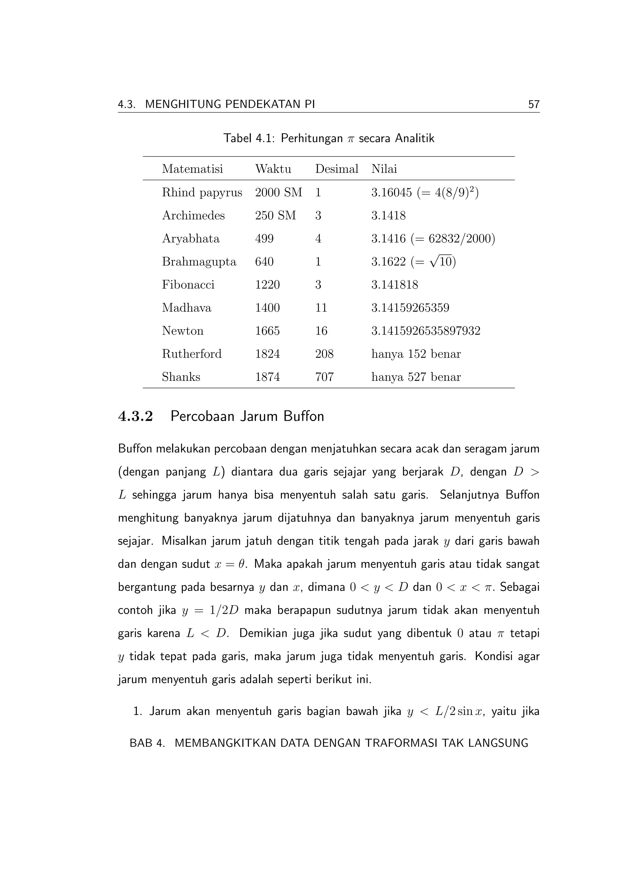 4.3. MENGHITUNG PENDEKATAN PI                                               57

                     Tabel 4.1: Perhitungan π secara Analitik

        Matematisi         Waktu      Desimal Nilai
        Rhind papyrus      2000 SM 1             3.16045 (= 4(8/9)2 )
        Archimedes         250 SM     3          3.1418
        Aryabhata          499        4          3.1416 (= 62832/2000)
                                                           √
        Brahmagupta        640        1          3.1622 (= 10)
        Fibonacci          1220       3          3.141818
        Madhava            1400       11         3.14159265359
        Newton             1665       16         3.1415926535897932
        Rutherford         1824       208        hanya 152 benar
        Shanks             1874       707        hanya 527 benar


4.3.2     Percobaan Jarum Buﬀon

Buﬀon melakukan percobaan dengan menjatuhkan secara acak dan seragam jarum
(dengan panjang L) diantara dua garis sejajar yang berjarak D, dengan D >
L sehingga jarum hanya bisa menyentuh salah satu garis. Selanjutnya Buﬀon
menghitung banyaknya jarum dijatuhnya dan banyaknya jarum menyentuh garis
sejajar. Misalkan jarum jatuh dengan titik tengah pada jarak y dari garis bawah
dan dengan sudut x = θ. Maka apakah jarum menyentuh garis atau tidak sangat
bergantung pada besarnya y dan x, dimana 0 < y < D dan 0 < x < π. Sebagai
contoh jika y = 1/2D maka berapapun sudutnya jarum tidak akan menyentuh
garis karena L < D. Demikian juga jika sudut yang dibentuk 0 atau π tetapi
y tidak tepat pada garis, maka jarum juga tidak menyentuh garis. Kondisi agar
jarum menyentuh garis adalah seperti berikut ini.

  1. Jarum akan menyentuh garis bagian bawah jika y < L/2 sin x, yaitu jika

  BAB 4. MEMBANGKITKAN DATA DENGAN TRAFORMASI TAK LANGSUNG
 