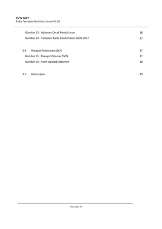SSCN 2017
Buku Petunjuk Pendaftar | versi 01.00
Hal.3 dari 19
Gambar 13 : Halaman Cetak Pendaftaran 16
Gambar 14 : Tampilan Kartu Pendaftaran SSCN 2017 17
3.4 Riwayat Pelamaran SSCN 17
Gambar 15 : Riwayat Pelamar SSCN 17
Gambar 16 : Form Upload Dokumen 18
3.5 Kartu Ujian 19
 