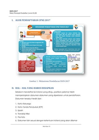 SSCN 2017
Buku Petunjuk Pendaftar | versi 01.00
Hal.4 dari 19
I. ALUR PENDAFTARAN CPNS 2017
Gambar 1 : Mekanisme Pendaftaran SSCN 2017
II. HAL – HAL YANG HARUS DISIAPKAN
Sebelum mendaftar ke instansi yang dituju, pastikan pelamar telah
mempersiapkan dokumen-dokumen yang diperlukan untuk pendaftaran.
Dokumen tersebut terdiri dari :
1. Kartu Keluarga
2. Kartu Tanda Penduduk (KTP)
3. Ijazah
4. Transkrip Nilai
5. Pas foto
6. Dokumen lain sesuai dengan ketentuan instansi yang akan dilamar
 