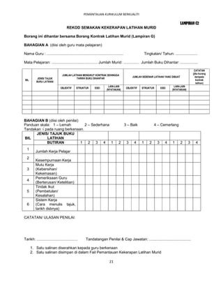 PEMANTAUAN KURIKULUM BERKUALITI

                                                                                                                                  LAMPIRAN C2
                                     REKOD SEMAKAN KEKERAPAN LATIHAN MURID

Borang ini dihantar bersama Borang Kontrak Latihan Murid (Lampiran G)

BAHAGIAN A (diisi oleh guru mata pelajaran)

Nama Guru : .........................................................................                   Tingkatan/ Tahun: .....................

Mata Pelajaran: ............................................ Jumlah Murid: ............... Jumlah Buku Dihantar: .................

                                                                                                                                              CATATAN
                                                                                                                                             (jika kurang
                                 JUMLAH LATIHAN MENGIKUT KONTRAK SEHINGGA
                                                                                             JUMLAH SEBENAR LATIHAN YANG DIBUAT                daripada
           JENIS/ TAJUK                    TARIKH BUKU DIHANTAR
 BIL                                                                                                                                            kontrak
          BUKU LATIHAN
                                                                                                                                                latihan)
                                                                       LAIN-LAIN                                             LAIN-LAIN
                                OBJEKTIF     STRUKTUR       ESEI                         OBJEKTIF   STRUKTUR         ESEI
                                                                      (NYATAKAN)                                            (NYATAKAN)




BAHAGIAN B (diisi oleh penilai)
Panduan skala: 1 – Lemah         2 – Sederhana                                          3 – Baik               4 – Cemerlang
Tandakan √ pada ruang berkenaan.
      JENIS/ TAJUK BUKU
BIL         LATIHAN
            BUTIRAN             1 2 3 4 1                                        2       3    4     1      2     3      4   1     2      3     4
  1
          Jumlah Kerja Pelajar
  2
          Kesempurnaan Kerja
          Mutu Kerja
  3       (Kebersihan/
          Kekemasan)
          Pemeriksaan Guru
  4
          (Berterusan/ Ketelitian)
          Tindak Ikut
  5       (Pembetulan/
          Kesalahan)
          Sistem Kerja
  6       (Cara menulis tajuk,
          tarikh dsbnya)

CATATAN/ ULASAN PENILAI:




Tarikh: .......................................     Tandatangan Penilai & Cap Jawatan: ........................................

       1. Satu salinan diserahkan kepada guru berkenaan
       2. Satu salinan disimpan di dalam Fail Pemantauan Kekerapan Latihan Murid

                                                                         21
 