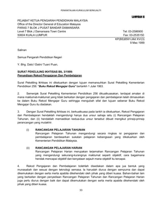 PEMANTAUAN KURIKULUM BERKUALITI

                                                                                          LAMPIRAN II
PEJABAT KETUA PENGARAH PENDIDIKAN MALAYSIA
Office of the Director General of Education Malaysia
PARAS 7 BLOK J PUSAT BANDAR DAMANSARA
Level 7 Blok J Damansara Town Centre                                              Tel: 03-2586900
50604 KUALA LUMPUR                                                                Fax: 03-2535150
                                                                             KP(BS)8591/Jilid XV/(3)
                                                                                        9 Mac 1999

Salinan

Semua Pengarah Pendidikan Negeri

Y. Bhg. Dato’/ Datin/ Tuan/ Puan,

SURAT PEKELILING IKHTISAS BIL 3/1999:
Penyediaan Rekod Pengajaran Dan Pembelajaran

Surat Pekeliling lkhtisas ini dikeluarkan dengan tujuan memansuhkan Surat Pekeliling Kementerian
Pendidikan 256: "Buku Rekod Mengajar Guru" bertarikh 1 Julai 1963.

2.     Semenjak Surat Pekeliling Kementerian Pendidikan 256 dikuatkuasakan, terdapat amalan di
mana maklumat-maklumat yang tidak berkaitan dengan pengajaran dan pembelajaran telah dimasukkan
ke dalam Buku Rekod Mengajar Guru sehingga mengubah sifat dan tujuan sebenar Buku Rekod
Mengajar Guru itu diadakan.

3.    Dengan Surat Pekeliling Ikhtisas ini, berkuatkuasa pada tarikh ia dikeluarkan, Rekod Pengajaran
dan Pembelajaran hendaklah mengandungi hanya dua unsur sahaja iaitu (i) Rancangan Pelajaran
Tahunan, dan (ii) hendaklah memastikan kedua-dua unsur tersebut dibuat mengikut prinsip-prinsip
perancangan yang mutakhir.

       (i)    RANCANGAN PELAJARAN TAHUNAN
              Rancangan Pelajaran Tahunan mengandungi secara ringkas isi pengajaran dan
              pembelajaran berdasarkan sukatan pelajaran kebangsaan yang dikeluarkan oleh
              Kementerian Pendidikan Malaysia.

       (ii)   RANCANGAN PELAJARAN HARIAN
              Rancangan Pelajaran Harian merupakan terjemahan Rancangan Pelajaran Tahunan
              yang mengandungi sekurang-kurangnya maklumat seperti objektif, cara bagaimana
              hendak mencapai objektif dan kenyataan sejauh mana objektif itu tercapai.

4.     Rekod Pengajaran dan Pembelajaran bolehlah disediakan dalam apa jua bentuk yang
munasabah dan sesuai dengan teknologi semasa. la haruslah diurus dengan sempurna dan dapat
dikemukakan dengan serta merta apabila dikehendaki oleh pihak yang diberi kuasa. Bahan-bahan lain
yang berkaitan dengan penyediaan Rancangan Pelajaran Tahunan dan Rancangan Pelajaran Harian
juga perlu diurus dengan baik dan dapat dikemukakan dengan serta merta apabila dikehendaki oleh
pihak yang diberi kuasa.

                                                  33
 