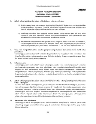PEMANTAUAN KURIKULUM BERKUALITI

                                                                                                  LAMPIRAN IV
                                   PERATURAN-PERATURAN PENDIDIKAN
                                     (KURIKULUM KEBANGSAAN) 1997
                                    Mula dikuatkusa pada 1 Januari 1998

6.    Jadual, sukatan pelajaran dan jadual waktu diadakan untuk pemeriksaan

           1) Seseorang guru besar atau pengetua sesuatu sekolah hendaklah dengan serta-merta mengadakan
              untuk pemeriksaan oleh Ketua Pendaftar suatu jadual mengenai semua mata pelajaran yang
              diajar di sekolah dan sukatan pelajaran bagi semua mata pelajaran.

           2) Seseorang guru besar atau pengetua sesuatu sekolah, kecuali sekolah gaya pos atau pusat
              pendidikan jarak jauh, hendaklah dengan serta-merta mengadakan untuk pemeriksaan oleh
              Ketua Pendaftar jadual waktu untuk penggal persekolahan semasa.

           3) Ketua Pendaftar boleh memerlukan guru besar atau pengetua, melalui suatu notis secara bertulis,
              untuk mengemukakan sesalinan jadual mengenai semua mata pelajaran yang diajar di sekolah,
              sukatan pelajaran dan/atau jadual waktu, dalam tempoh 14 hari dari tarikh menerima notis itu.

7.    Guru perlu mengadakan salinan sukatan pelajaran yang diluluskan dan senarai murid-murid untuk
      pemeriksaan
      Seseorang guru dalam suatu sekolah hendaklah dengan serta-merta mengadakan untuk pemeriksaan oleh
      Ketua Pendaftar salinan sukatan pelajaran yang diluluskan berkaitan dengan mata pelajaran yang diajar
      dan senarai murid di bawah tanggungjawabnya.

8.    Buku rekod guru
      Seseorang guru dalam suatu sekolah, kecuali sekolah gaya pos atau pusat pendidikan jarak jauh, hendaklah
      menyimpan dan menyenggara suatu buku rekod dalam mana hendaklah direkodkan olehnya tidak lewat
      daripada hari akhir persekolahan setiap minggu dalam suatu penggal persekolahan, bahagian atau
      bahagian-bahagian sukatan pelajaran yang diluluskan yang akan diajar pada minggu berikutnya berkaitan
      dengan suatu mata pelajaran, dan buku rekod hendaklah dengan serta-merta diadakan untuk pemeriksaan
      oleh Ketua Pendaftar.

9.    Jadual, sukatan pelajaran dsb. dalam bahasa selain daripada bahasa kebangsaan diterjemahkan ke dalam
      bahasa kebangsaan
      Jika mana-mana jadual, sukatan pelajaran, jadual waktu, atau masukan dalam buku rekod guru, atau mana-
      mana salinannya yang diperlukan di bawah peraturan 6, 7 atau 8 untuk dikemukakan atau diadakan untuk
      pemeriksaan oleh Ketua Pendaftar, disediakan dalam suatu bahasa selain daripada bahasa kebangsaan,
      seseorang guru besar atau pengetua hendaklah mengemukakan atau mengadakan untuk pemeriksaan
      jadual, sukatan pelajaran, jadual waktu, atau masukan dalam buku rekod guru, atau salinannya dalam
      bahasa kebangsaan dalam tempoh 30 hari daripada diarahkan oleh Ketua Pendaftar.

10.   Jadual waktu perlu dipamerkan
      Seseorang guru besar atau pengetua suatu sekolah hendaklah mempamerkan sesalinan jadual waktu
      sekolah bagi penggal persekolahan semasa yang di suatu tempat ditandatangan olehnya yang mudah
      dilihat di sekolah itu.


                                                     36
 