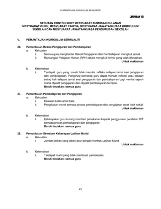 PEMANTAUAN KURIKULUM BERKUALITI

                                                                                       LAMPIRAN VII

                SEDUTAN CONTOH MINIT MESYUARAT RUMUSAN BULANAN
      MESYUARAT GURU, MESYUARAT PANITIA, MESYUARAT JAWATANKUASA KURIKULUM
           SEKOLAH DAN MESYUARAT JAWATANKUASA PENGURUSAN SEKOLAH


V.      PEMANTAUAN KURIKULUM BERKUALITI

26.     Pemantauan Rekod Pengajaran dan Pembelajaran
        a.   Kekuatan
             i.    Semua guru menghantar Rekod Pengajaran dan Pembelajaran mengikut jadual
             ii.   Rancangan Pelajaran Harian (RPH) ditulis mengikut format yang telah ditetapkan.
                                                                                Untuk makluman

        b.    Kelemahan
              i.    Terdapat guru yang masih tidak menulis refleksi selepas tamat sesi pengajaran
                    dan pembelajaran. Pengerusi berharap guru dapat menulis refleksi atau catatan
                    setiap kali selepas tamat sesi pengajaran dan pembelajaran bagi menilai sejauh
                    mana objektif pengajaran dan objektif pembelajaran tercapai.
                    Untuk tindakan: semua guru

27.     Pemantauan Pembelajaran dan Pengajaran
        a.   Kekuatan
             i.    Kawalan kelas amat baik.
             ii.   Penglibatan murid semasa proses pembelajaran dan pengajaran amat baik sekali
                                                                              Untuk makluman

        b.    Kelemahan
              i.    Kebanyakan guru kurang memberi penekanan kepada penggunaan peralatan ICT
                    semasa proses pembelajaran dan pengajaran
                    Untuk tindakan: semua guru

28.     Pemantauan Semakan Kekerapan Latihan Murid
        a.   Kekuatan
             i.    Jumlah latihan yang diberi akur dengan Kontrak Latihan Murid
                                                                                  Untuk makluman

        b.    Kelemahan
              i.    Terdapat murid yang tidak membuat pembetulan.
                    Untuk tindakan: semua guru




                                                41
 