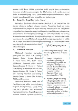 PPKn | 99
seorang wakil ketua. Hakim pengadilan adalah pejabat yang melaksanakan
kekuasaan kehakiman yang diangkat dan diberhentikan oleh presiden atas usul
ketua Mahkamah Agung. Wakil ketua dan hakim pengadilan tata usaha negara
diambil sumpahnya oleh ketua pengadilan tata usaha negara.
2) Pengadilan Tinggi Tata Usaha Negara
Pengadilan tinggi tata usaha negara berkedudukan di ibu kota provinsi dan
daerah hukumnya meliputi wilayah provinsi. Pengadilan tinggi tata usaha
negara merupakan pengadilan tingkat banding. Perangkat atau alat kelengkapan
pengadilan tinggi tata usaha negara terdiri atas pimpinan, hakim anggota, panitera,
dan sekretaris. Pimpinan pengadilan tinggi tata usaha negara terdiri atas seorang
ketua dan seorang wakil ketua. Ketua pengadilan tinggi tata usaha negara diambil
sumpahnya oleh ketua Mahkamah Agung. Hakim anggota pengadilan ini adalah
hakim tinggi. Wakil ketua dan hakim pengadilan tinggi tata usaha negara diambil
sumpahnya oleh ketua pengadilan tinggi
tata usaha negara.
e. Mahkamah Konstitusi
Mahkamah Konstitusi merupakan
perwujudan dari pasal 24 C Undang-
Undang Dasar Negara Republik
Indonesia Tahun 1945. Lebih lanjut
Mahkamah Konstitusi diatur dalam
Undang-Undang RI Nomor 24 Tahun
2003 tentang Mahkamah Konstitusi dan
Undang-Undang RI Nomor 8 Tahun
2011 Tentang Perubahan Atas Undang-
Undang Nomor 24 Tahun 2003 Tentang
Mahkamah Konstitusi.
Mahkamah Konstitusi terdiri dari 9
(sembilan) orang hakim konstitusi yang
diajukan masing-masing 3 (tiga) orang
oleh DPR, presiden, dan Mahkamah
Agung dan ditetapkan dengan Keputusan
Presiden. Susunan organisasinya terdiri
Info Kewarganegaraan
Perbedaan peradilan sipil dan
militer dapat ditinjau dari dua
aspek.
1. Fungsi. Pengadilan
sipil berfungsi sebagai
penyelenggara peradilan
sipil guna menegakkan
hukum dan keadilan bagi
rakyat sipil, sedangkan
peradilan militer
diperuntukkan bagi
anggota militer/TNI.
2. Pejabat yang berwenang
sebagai penuntut umum.
Dalam pengadilan sipil
pejabat yang berwenang
bertindak sebagai penuntut
umum disebut jaksa,
sedangkan dalam peradilan
militer disebut oditur.
 