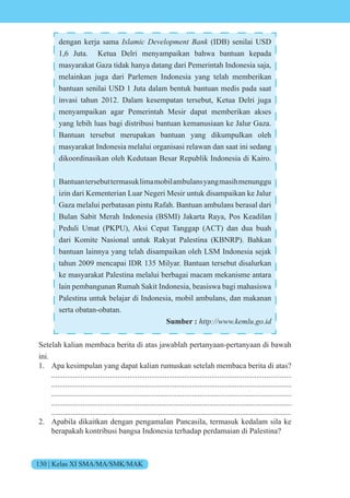 130 | Kelas XI SMA/MA/SMK/MAK
dengan kerja sama Islamic Development Bank (IDB) senilai USD
1,6 Juta. Ketua Delri menyampaikan bahwa bantuan kepada
masyarakat Gaza tidak hanya datang dari Pemerintah Indonesia saja,
melainkan juga dari Parlemen Indonesia yang telah memberikan
bantuan senilai USD 1 Juta dalam bentuk bantuan medis pada saat
invasi tahun 2012. Dalam kesempatan tersebut, Ketua Delri juga
menyampaikan agar Pemerintah Mesir dapat memberikan akses
yang lebih luas bagi distribusi bantuan kemanusiaan ke Jalur Gaza.
Bantuan tersebut merupakan bantuan yang dikumpulkan oleh
masyarakat Indonesia melalui organisasi relawan dan saat ini sedang
dikoordinasikan oleh Kedutaan Besar Republik Indonesia di Kairo.
Bantuantersebuttermasuklimamobilambulansyangmasihmenunggu
izin dari Kementerian Luar Negeri Mesir untuk disampaikan ke Jalur
Gaza melalui perbatasan pintu Rafah. Bantuan ambulans berasal dari
Bulan Sabit Merah Indonesia (BSMI) Jakarta Raya, Pos Keadilan
Peduli Umat (PKPU), Aksi Cepat Tanggap (ACT) dan dua buah
dari Komite Nasional untuk Rakyat Palestina (KBNRP). Bahkan
bantuan lainnya yang telah disampaikan oleh LSM Indonesia sejak
tahun 2009 mencapai IDR 135 Milyar. Bantuan tersebut disalurkan
ke masyarakat Palestina melalui berbagai macam mekanisme antara
lain pembangunan Rumah Sakit Indonesia, beasiswa bagi mahasiswa
Palestina untuk belajar di Indonesia, mobil ambulans, dan makanan
serta obatan-obatan.
Sumber : http://www.kemlu.go.id
Setelah kalian membaca berita di atas jawablah pertanyaan-pertanyaan di bawah
ini.
1. Apa kesimpulan yang dapat kalian rumuskan setelah membaca berita di atas?
...........................................................................................................................
...........................................................................................................................
...........................................................................................................................
...........................................................................................................................
...........................................................................................................................
2. Apabila dikaitkan dengan pengamalan Pancasila, termasuk kedalam sila ke
berapakah kontribusi bangsa Indonesia terhadap perdamaian di Palestina?
 
