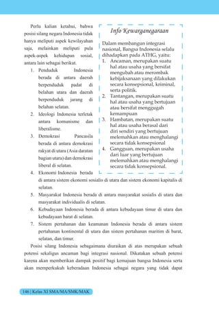 146 | Kelas XI SMA/MA/SMK/MAK
Perlu kalian ketahui, bahwa
posisi silang negara Indonesia tidak
hanya meliputi aspek kewilayahan
saja, melainkan meliputi pula
aspek-aspek kehidupan sosial,
antara lain sebagai berikut.
1. Penduduk Indonesia
berada di antara daerah
berpenduduk padat di
belahan utara dan daerah
berpenduduk jarang di
belahan selatan.
2. Ideologi Indonesia terletak
antara komunisme dan
liberalisme.
3. Demokrasi Pancasila
berada di antara demokrasi
rakyat di utara (Asia daratan
bagian utara) dan demokrasi
liberal di selatan.
4. Ekonomi Indonesia berada
di antara sistem ekonomi sosialis di utara dan sistem ekonomi kapitalis di
selatan.
5. Masyarakat Indonesia berada di antara masyarakat sosialis di utara dan
masyarakat individualis di selatan.
6. Kebudayaan Indonesia berada di antara kebudayaan timur di utara dan
kebudayaan barat di selatan.
7. Sistem pertahanan dan keamanan Indonesia berada di antara sistem
pertahanan kontinental di utara dan sistem pertahanan maritim di barat,
selatan, dan timur.
Posisi silang Indonesia sebagaimana diuraikan di atas merupakan sebuah
potensi sekaligus ancaman bagi integrasi nasional. Dikatakan sebuah potensi
karena akan memberikan dampak positif bagi kemajuan bangsa Indonesia serta
akan memperkukuh keberadaan Indonesia sebagai negara yang tidak dapat
Info Kewarganegaraan
Dalam membangun integrasi
nasional, Bangsa Indonesia selalu
dihadapkan pada ATHG, yaitu:
1. Ancaman, merupakan suatu
hal atau usaha yang bersifat
mengubah atau merombak
kebijaksanaan yang dilakukan
secara konsepsional, kriminal,
serta politik.
2. Tantangan, merupakan suatu
hal atau usaha yang bertujuan
atau bersifat menggugah
kemampuan
3. Hambatan, merupakan suatu
hal atau usaha berasal dari
diri sendiri yang bertujuan
melemahkan atau menghalangi
secara tidak konsepsional
4. Gangguan, merupakan usaha
dari luar yang bertujuan
melemahkan atau menghalangi
secara tidak konsepsional.
 