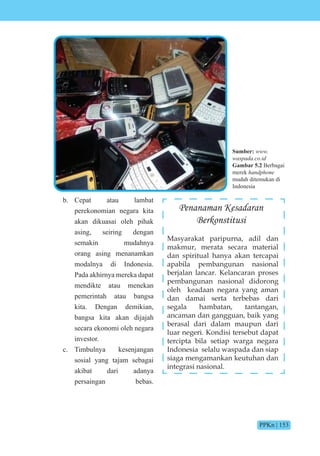 PPKn | 153
b. Cepat atau lambat
perekonomian negara kita
akan dikuasai oleh pihak
asing, seiring dengan
semakin mudahnya
orang asing menanamkan
modalnya di Indonesia.
Pada akhirnya mereka dapat
mendikte atau menekan
pemerintah atau bangsa
kita. Dengan demikian,
bangsa kita akan dijajah
secara ekonomi oleh negara
investor.
c. Timbulnya kesenjangan
sosial yang tajam sebagai
akibat dari adanya
persaingan bebas.
Sumber: www.
waspada.co.id
Gambar 5.2 Berbagai
merek handphone
mudah ditemukan di
Indonesia
Penanaman Kesadaran
Berkonstitusi
Masyarakat paripurna, adil dan
makmur, merata secara material
dan spiritual hanya akan tercapai
apabila pembangunan nasional
berjalan lancar. Kelancaran proses
pembangunan nasional didorong
oleh keadaan negara yang aman
dan damai serta terbebas dari
segala hambatan, tantangan,
ancaman dan gangguan, baik yang
berasal dari dalam maupun dari
luar negeri. Kondisi tersebut dapat
tercipta bila setiap warga negara
Indonesia selalu waspada dan siap
siaga mengamankan keutuhan dan
integrasi nasional.
 