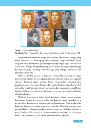 PPKn | 157
Sumber: Dokumen Kemdikbud
Gambar 5.3 Para Pahlawan Revolusi yang menjadi korban akibat Pemberontakan PKI
Indonesia memiliki sejumlah objek vital nasional dan instalasi strategis yang
rawan terhadap aksi sabotase yang harus dilindungi. Fungsi pertahanan negara
ditujukan untuk memberikan perlindungan terhadap objek-objek vital nasional
dan instalasi strategis dari setiap kemungkinan aksi sabotase dengan mempertinggi
kewaspadaan yang didukung oleh teknologi yang mampu mendeteksi dan
mencegah secara dini.
Pada abad modern dewasa ini, kegiatan spionase dilakukan oleh agen-agen
rahasia untuk mencari dan mendapatkan rahasia pertahanan negara lain. Kegiatan
spionase dilakukan secara tertutup dengan menggunakan kemajuan ilmu
pengetahuan dan teknologi sehingga tidak mudah dideteksi. Kegiatan tersebut
merupakan bentuk ancaman militer yang memerlukan penanganan secara khusus
untuk melindungi kepentingan pertahanan dari kebocoran yang akan dimanfaatkan
oleh pihak lawan.
Aksi teror bersenjata merupakan bentuk kegiatan terorisme yang mengancam
keselamatan bangsa dengan menebarkan rasa ketakutan yang mendalam serta
menimbulkan korban tanpa mengenal rasa perikemanusiaan. Sasaran aksi teror
bersenjata dapat menimpa siapa saja sehingga sulit diprediksi dan ditangani dengan
cara-cara biasa. Perkembangan aksi teror bersenjata yang dilakukan oleh teroris
pada dekade terakhir meningkat cukup pesat dengan mengikuti perkembangan
politik, lingkungan strategis, serta ilmu pengetahuan dan teknologi.
 