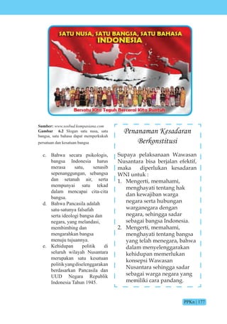 PPKn | 177
Sumber: www.sosbud.kompasiana.com
Gambar 6.2 Slogan satu nusa, satu
bangsa, satu bahasa dapat memperkukuh
persatuan dan kesatuan bangsa
c. Bahwa secara psikologis,
bangsa Indonesia harus
merasa satu, senasib
sepenanggungan, sebangsa
dan setanah air, serta
mempunyai satu tekad
dalam mencapai cita-cita
bangsa.
d. Bahwa Pancasila adalah
satu-satunya falsafah
serta ideologi bangsa dan
negara, yang melandasi,
membimbing dan
mengarahkan bangsa
menuju tujuannya.
e. Kehidupan politik di
seluruh wilayah Nusantara
merupakan satu kesatuan
politikyangdiselenggarakan
berdasarkan Pancasila dan
UUD Negara Republik
Indonesia Tahun 1945.
Penanaman Kesadaran
Berkonstitusi
Supaya pelaksanaan Wawasan
Nusantara bisa berjalan efektif,
maka diperlukan kesadaran
WNI untuk :
1. Mengerti, memahami,
menghayati tentang hak
dan kewajiban warga
negara serta hubungan
warganegara dengan
negara, sehingga sadar
sebagai bangsa Indonesia.
2. Mengerti, memahami,
menghayati tentang bangsa
yang telah menegara, bahwa
dalam menyelenggarakan
kehidupan memerlukan
konsepsi Wawasan
Nusantara sehingga sadar
sebagai warga negara yang
memiliki cara pandang.
 