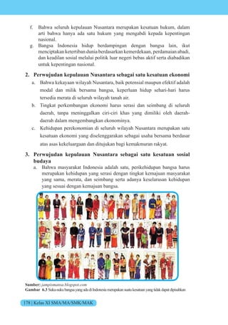 178 | Kelas XI SMA/MA/SMK/MAK
f. Bahwa seluruh kepulauan Nusantara merupakan kesatuan hukum, dalam
arti bahwa hanya ada satu hukum yang mengabdi kepada kepentingan
nasional.
g. Bangsa Indonesia hidup berdampingan dengan bangsa lain, ikut
menciptakan ketertiban dunia berdasarkan kemerdekaan, perdamaian abadi,
dan keadilan sosial melalui politik luar negeri bebas aktif serta diabadikan
untuk kepentingan nasional.
2. Perwujudan kepulauan Nusantara sebagai satu kesatuan ekonomi
a. Bahwa kekayaan wilayah Nusantara, baik potensial maupun efektif adalah
modal dan milik bersama bangsa, keperluan hidup sehari-hari harus
tersedia merata di seluruh wilayah tanah air.
b. Tingkat perkembangan ekonomi harus serasi dan seimbang di seluruh
daerah, tanpa meninggalkan ciri-ciri khas yang dimiliki oleh daerah-
daerah dalam mengembangkan ekonominya.
c. Kehidupan perekonomian di seluruh wilayah Nusantara merupakan satu
kesatuan ekonomi yang diselenggarakan sebagai usaha bersama berdasar
atas asas kekeluargaan dan ditujukan bagi kemakmuran rakyat.
3. Perwujudan kepulauan Nusantara sebagai satu kesatuan sosial
budaya
a. Bahwa masyarakat Indonesia adalah satu, perikehidupan bangsa harus
merupakan kehidupan yang serasi dengan tingkat kemajuan masyarakat
yang sama, merata, dan seimbang serta adanya keselarasan kehidupan
yang sesuai dengan kemajuan bangsa.
Sumber: jampismansa.blogspot.com
Gambar 6.3 Suku-sukubangsayangadadiIndonesiamerupakansuatukesatuanyangtidakdapatdipisahkan
 