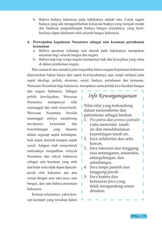 PPKn | 179
b. Bahwa budaya Indonesia pada hakikatnya adalah satu. Corak ragam
budaya yang ada menggambarkan kekayaan budaya yang menjadi modal
dan landasan pengembangan budaya bangsa seluruhnya, yang hasil-
hasilnya dapat dinikmati oleh seluruh bangsa Indonesia.
4. Perwujudan kepulauan Nusantara sebagai satu kesatuan pertahanan
keamanan
a. Bahwa ancaman terhadap satu daerah pada hakikatnya merupakan
ancaman bagi seluruh bangsa dan negara.
b. Bahwa tiap-tiap warga negara mempunyai hak dan kewajiban yang sama
di dalam pembelaan negara.
Dari uraian di atas semakin jelas tergambar bahwa negara kepulauan Indonesia
dipersatukan bukan hanya dari aspek kewilayahannya saja, tetapi meliputi pula
aspek ideologi, politik, ekonomi, sosial, budaya, pertahanan dan kemanan.
Wawasan Nusantara bagi Indonesia merupakan suatu politik kewilayahan bangsa
dan negara Indonesia. Sebagai
politik kewilayahan, Wawasan
Nusantara mempunyai sifat
manunggal dan utuh menyeluruh.
Wawasan Nusantara bersifat
manunggal artinya mendorong
terciptanya keserasian dan
keseimbangan yang dinamis
dalam segenap aspek kehidupan,
baik aspek alamiah maupun aspek
sosial. Adapun utuh menyeluruh
maksudnya menjadikan wilayah
Nusantara dan rakyat Indonesia
sebagai satu kesatuan yang utuh
dan bulat serta tidak dapat dipecah-
pecah oleh kekuatan apa pun
sesuai dengan asas satu nusa, satu
bangsa, dan satu bahasa persatuan
Indonesia.
Konsep selanjutnya, yakni kon-
sep keempat yang tercakup dalam
Info Kewarganegaraan
Nilai-nilai yang terkandung
dalam nasionalisme dan
patriotisme sebagai berikut.
1. Pro patria dan primus patrialis
yaitu mencintai tanah
air dan mendahulukan
kepentingan tanah air.
2. Jiwa solidaritas dan setia
kawan.
3. Jiwa toleransi dan tenggang
rasa antaragama, antarsuku,
antargolongan, dan
antarbangsa.
4. Jiwa tanpa pamrih dan
tanggung jawab.
5. Jiwa ksatria dan
kebesaran jiwa yang
tidak mengandung unsur
dendam.
 