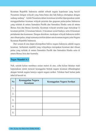 186 | Kelas XI SMA/MA/SMK/MAK
Kesatuan Republik Indonesia adalah sebuah negara kepulauan yang berciri
Nusantara dengan wilayah yang batas-batas dan hak-haknya ditetapkan dengan
undang-undang”. Istilah Nusantara dalam ketentuan tersebut dipergunakan untuk
menggambarkan kesatuan wilayah perairan dan gugusan pulau-pulau Indonesia
yang terletak di antara amudera Pasifik dan amudera india serta di antara
Benua Asia dan Benua Australia. Kesatuan wilayah tersebut juga mencakup 1)
kesatuan politik; 2) kesatuan hukum; 3) kesatuan sosial-budaya; serta 4) kesatuan
pertahanan dan keamanan. Dengan demikian, meskipun wilayah Indonesia terdiri
atas ribuan pulau, tetapi semuanya terikat dalam satu kesatuan negara yaitu Negara
Kesatuan Republik Indonesia.
Dari uraian di atas dapat disimpulkan bahwa negara Indonesia adalah negara
kesatuan berbentuk republik yang wilayahnya merupakan kesatuan dari ribuan
pulau yang terletak di antara amudera Pasifik dan amudera india serta di
antara Benua Asia dan Australia.
Tugas Mandiri 6.1
Nah, setelah kalian membaca uraian materi di atas, coba kalian lakukan studi
kepustakaan untuk mencari keunggulan bentuk negara kesatuan dibandingkan
dengan bentuk negara lainnya seperti negara serikat. Tuliskan hasil kalian pada
tabel di bawah ini.
No
Keunggulan Negara
Kesatuan
Keunggulan Negara Serikat
1.
2.
3.
4.
5.
 