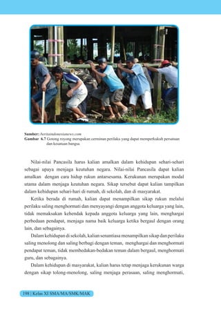 198 | Kelas XI SMA/MA/SMK/MAK
Sumber: beritaindonesianews.com
Gambar 6.7 Gotong royong merupakan cerminan perilaku yang dapat memperkukuh persatuan
dan kesatuan bangsa
Nilai-nilai Pancasila harus kalian amalkan dalam kehidupan sehari-sehari
sebagai upaya menjaga keutuhan negara. Nilai-nilai Pancasila dapat kalian
amalkan dengan cara hidup rukun antarsesama. Kerukunan merupakan modal
utama dalam menjaga keutuhan negara. Sikap tersebut dapat kalian tampilkan
dalam kehidupan sehari-hari di rumah, di sekolah, dan di masyarakat.
Ketika berada di rumah, kalian dapat menampilkan sikap rukun melalui
perilaku saling menghormati dan menyayangi dengan anggota keluarga yang lain,
tidak memaksakan kehendak kepada anggota keluarga yang lain, menghargai
perbedaan pendapat, menjaga nama baik keluarga ketika bergaul dengan orang
lain, dan sebagainya.
Dalam kehidupan di sekolah, kalian senantiasa menampilkan sikap dan perilaku
saling menolong dan saling berbagi dengan teman, menghargai dan menghormati
pendapat teman, tidak membedakan-bedakan teman dalam bergaul, menghormati
guru, dan sebagainya.
Dalam kehidupan di masyarakat, kalian harus tetap menjaga kerukunan warga
dengan sikap tolong-menolong, saling menjaga perasaan, saling menghormati,
 