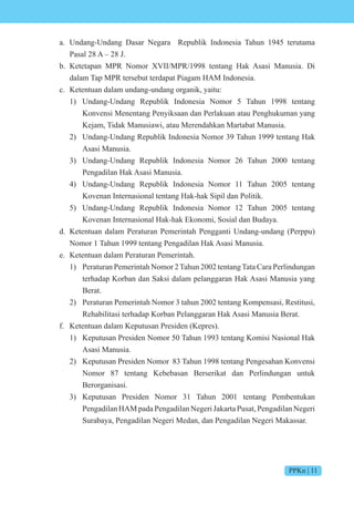 PPKn | 11
a. Undang-Undang Dasar Negara Republik Indonesia Tahun 1945 terutama
Pasal 28 A – 28 J.
b. Ketetapan MPR Nomor XVII/MPR/1998 tentang Hak Asasi Manusia. Di
dalam Tap MPR tersebut terdapat Piagam HAM Indonesia.
c. Ketentuan dalam undang-undang organik, yaitu:
1) Undang-Undang Republik Indonesia Nomor 5 Tahun 1998 tentang
Konvensi Menentang Penyiksaan dan Perlakuan atau Penghukuman yang
Kejam, Tidak Manusiawi, atau Merendahkan Martabat Manusia.
2) Undang-Undang Republik Indonesia Nomor 39 Tahun 1999 tentang Hak
Asasi Manusia.
3) Undang-Undang Republik Indonesia Nomor 26 Tahun 2000 tentang
Pengadilan Hak Asasi Manusia.
4) Undang-Undang Republik Indonesia Nomor 11 Tahun 2005 tentang
Kovenan Internasional tentang Hak-hak Sipil dan Politik.
5) Undang-Undang Republik Indonesia Nomor 12 Tahun 2005 tentang
Kovenan Internasional Hak-hak Ekonomi, Sosial dan Budaya.
d. Ketentuan dalam Peraturan Pemerintah Pengganti Undang-undang (Perppu)
Nomor 1 Tahun 1999 tentang Pengadilan Hak Asasi Manusia.
e. Ketentuan dalam Peraturan Pemerintah.
1) Peraturan Pemerintah Nomor 2Tahun 2002 tentangTata Cara Perlindungan
terhadap Korban dan Saksi dalam pelanggaran Hak Asasi Manusia yang
Berat.
2) Peraturan Pemerintah Nomor 3 tahun 2002 tentang Kompensasi, Restitusi,
Rehabilitasi terhadap Korban Pelanggaran Hak Asasi Manusia Berat.
f. Ketentuan dalam Keputusan Presiden (Kepres).
1) Keputusan Presiden Nomor 50 Tahun 1993 tentang Komisi Nasional Hak
Asasi Manusia.
2) Keputusan Presiden Nomor 83 Tahun 1998 tentang Pengesahan Konvensi
Nomor 87 tentang Kebebasan Berserikat dan Perlindungan untuk
Berorganisasi.
3) Keputusan Presiden Nomor 31 Tahun 2001 tentang Pembentukan
Pengadilan HAM pada Pengadilan Negeri Jakarta Pusat, Pengadilan Negeri
Surabaya, Pengadilan Negeri Medan, dan Pengadilan Negeri Makassar.
 