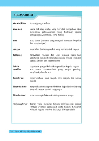 206 | Kelas XI SMA/MA/SMK/MAK
akuntabilitas pertanggungjawaban
ancaman suatu hal atau usaha yang bersifat mengubah atau
merombak kebijaksanaan yang dilakukan secara
konsepsional, kriminal, serta politik
asas alas; dasar (sesuatu yang menjadi tumpuan berpikir
dan berpendapat)
bangsa kumpulan dari masyarakat yang membentuk negara
deklarasi pernyataan ringkas dan jelas tentang suatu hal;
keputusan yang diberitahukan secara terang-terangan
kepada umum dan secara resmi
dekrit keputusan yang dikeluarkan presiden/kepala negara
presiden atas suatu permasalahan yang sangat penting,
mendesak, dan darurat
demokrasi pemerintahan dari rakyat, oleh rakyat, dan untuk
rakyat
desentralisasi penyerahan urusan pemerintahan kepada daerah yang
menjadi urusan rumah tangganya
diskriminasi pembedaan perlakuan terhadap sesama warga
ekstrateritorial daerah yang menurut hukum internasional diakui
sebagai wilayah kekuasaan suatu negara meskipun
wilayah negara tersebut letaknya di negara lain
GLOSARIUM
 