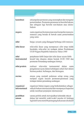 PPKn | 209
konstitusi sekumpulan peraturan yang menetapkan dan mengatur
pemerintahan. Peraturan-peraturan ini bersifat hukum,
dan sebagian lagi bersifat non-hukum atau ekstra-
hukum
negara suatuorganisasikemanusiaanataukumpulanmanusia-
manusia yang berada di bawah suatu pemerintahan
yang sama
nilai harga; sesuatu yang dianggap berharga oleh manusia
nilai dasar nilai-nilai dasar yang mempunyai sifat tetap (tidak
berubah), nilai-nilai ini terdapat dalam Pembukaan
UUD Negara Republik Indonesia Tahun 1945
nilai penjabaran lebih lanjut dari nilai dasar secara lebih
instrumental kreatif dan dinamis dalam bentuk UUD 1945 dan
peraturan Perundang-undangan lainnya
nilai praksis realisasi nilai-nilai instrumental dalam suatu
pengalaman nyata dalam kehidupan sehari-hari dalam
bermasyarakat, berbangsa, dan bernegara
norma aturan yang menjadi pedoman setiap orang yang
meliputi segala macam peraturan-peraturan yang
terdapat dalam perundang-undangan
organisasi organisasi bukan negara yang berkedudukan sebagai
internasional subyek hukum internasional dan mempunyai kapasitas
untuk membuat perjanjian internasional
pemilihan sarana politik untuk mewujudkan kehendak rakyat
umum dalam hal memilih wakil-wakil mereka di lembaga
legislatifsertamemilihpemegangkekuasaaneksekutif
 