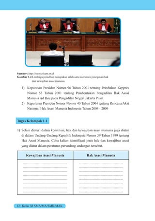 12 | Kelas XI SMA/MA/SMK/MAK
Sumber: http://www.elsam.or.id
Gambar 1.4 Lembaga peradilan merupakan salah satu instrumen penegakan hak
dan kewajiban asasi manusia
1) Keputusan Presiden Nomor 96 Tahun 2001 tentang Perubahan Keppres
Nomor 53 Tahun 2001 tentang Pembentukan Pengadilan Hak Asasi
Manusia Ad Hoc pada Pengadilan Negeri Jakarta Pusat.
2) Keputusan Presiden Nomor Nomor 40 Tahun 2004 tentang Rencana Aksi
Nasional Hak Asasi Manusia Indonesia Tahun 2004 - 2009
Tugas Kelompok 1.1
1) Selain diatur dalam konstitusi, hak dan kewajiban asasi manusia juga diatur
di dalam Undang-Undang Republik Indonesia Nomor 39 Tahun 1999 tentang
ak sasi anusia. ba kalian identifikasi enis hak dan ke a iban asasi
yang diatur dalam peraturan perundang-undangan tersebut.
Kewajiban Asasi Manusia Hak Asasi Manusia
...................................................
...................................................
...................................................
...................................................
...................................................
...................................................
...................................................
...................................................
...................................................
...................................................
...................................................
...................................................
...................................................
...................................................
...................................................
...................................................
 