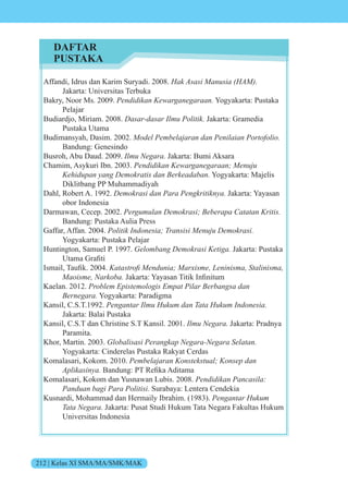 212 | Kelas XI SMA/MA/SMK/MAK
Affandi, Idrus dan Karim Suryadi. 2008. Hak Asasi Manusia (HAM).
Jakarta: Universitas Terbuka
Bakry, Noor Ms. 2009. Pendidikan Kewarganegaraan. Yogyakarta: Pustaka
Pelajar
Budiardjo, Miriam. 2008. Dasar-dasar Ilmu Politik. Jakarta: Gramedia
Pustaka Utama
Budimansyah, Dasim. 2002. Model Pembelajaran dan Penilaian Portofolio.
Bandung: Genesindo
Busroh, Abu Daud. 2009. Ilmu Negara. Jakarta: Bumi Aksara
Chamim, Asykuri Ibn. 2003. Pendidikan Kewarganegaraan; Menuju
Kehidupan yang Demokratis dan Berkeadaban. Yogyakarta: Majelis
Diklitbang PP Muhammadiyah
Dahl, Robert A. 1992. Demokrasi dan Para Pengkritiknya. Jakarta: Yayasan
obor Indonesia
Darmawan, Cecep. 2002. Pergumulan Demokrasi; Beberapa Catatan Kritis.
Bandung: Pustaka Aulia Press
Gaffar, Affan. 2004. Politik Indonesia; Transisi Menuju Demokrasi.
Yogyakarta: Pustaka Pelajar
Huntington, Samuel P. 1997. Gelombang Demokrasi Ketiga. Jakarta: Pustaka
tama rafiti
smail, aufik. 200 . t st fi en ni is e eninis t inis
is e akarta ayasan itik nfinitum
Kaelan. 2012. Problem Epistemologis Empat Pilar Berbangsa dan
Bernegara. Yogyakarta: Paradigma
Kansil, C.S.T.1992. Pengantar Ilmu Hukum dan Tata Hukum Indonesia.
Jakarta: Balai Pustaka
Kansil, C.S.T dan Christine S.T Kansil. 2001. Ilmu Negara. Jakarta: Pradnya
Paramita.
Khor, Martin. 2003. is si e n e e e t n
Yogyakarta: Cinderelas Pustaka Rakyat Cerdas
Komalasari, Kokom. 2010. Pembelajaran Konstekstual; Konsep dan
Aplikasinya. Bandung P Refika ditama
Komalasari, Kokom dan Yusnawan Lubis. 2008. Pendidikan Pancasila:
Panduan bagi Para Politisi. Surabaya: Lentera Cendekia
Kusnardi, Mohammad dan Hermaily Ibrahim. (1983). Pengantar Hukum
Tata Negara. Jakarta: Pusat Studi Hukum Tata Negara Fakultas Hukum
Universitas Indonesia
DAFTAR
PUSTAKA
 