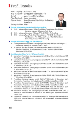 218
Nama Lengkap : Yusnawan Lubis
Telp. Kantor/HP : (0265) 331359/0813 23251478
E-mail : yusnawan.lubis@gmail.com
Akun Facebook : Yusnawan Lubis
Alamat Kantor : Jalan Mancogeh No.26 Kota Tasikmalaya
Jawa Barat
Bidang Keahlian: PPKn
Riwayat pekerjaan/profesi dalam 10 tahun terakhir:
1. 2012 – sekarang: Dosen Mata Kuliah Pendidikan Pancasila dan Pendidikan
Kewarganegaraan di Puskom Amik Hass.
2. 2009 – sekarang: Guru Mata Pelajaran PPKn di SMKN 1 Tasikmalaya.
3. 2008 – sekarang: Tutor Mata Kuliah Pemeblajaran PKN di SD dan Materi/
Pembelajaran PKn di SD pada Program Pendidikan Dasar
Universitas Terbuka UPBJJ Bandung.
Riwayat Pendidikan Tinggi dan Tahun Belajar:
1. S2: Program Studi Pendidikan Kewarganegaraan (PKn) – Sekolah Pascasarjana –
Universitas Pendidikan Indonesia (2007 – 2009)
2. S1: Jurusan Pendidikan Moral Pancasila dan Kewarganegaraan (PMPKn) –
Fakultas Pendidikan Ilmu Pengetahuan Sosial – Universitas Pendidikan
Indonesia (2002 – 2006)
Judul Buku dan Tahun Terbit (10 Tahun Terakhir):
1. Memahami Pendidikan Kewarganegaraan Untuk SD/MI Kelas I diterbitkan oleh PT
Arfino Raya Tahun 2008
2. Memahami Pendidikan Kewarganegaraan Untuk SD/MI Kelas II diterbitkan oleh PT
Arfino Raya Tahun 2008
3. Memahami Pendidikan Kewarganegaraan Untuk SD/MI Kelas III diterbitkan oleh
PT Arfino Raya Tahun 2008
4. Memahami Pendidikan Kewarganegaraan Untuk SD/MI Kelas IV diterbitkan oleh
PT Arfino Raya Tahun 2008
5. Memahami Pendidikan Kewarganegaraan Untuk SD/MI Kelas V diterbitkan oleh PT
Arfino Raya Tahun 2008
6. Memahami Pendidikan Kewarganegaraan Untuk SD/MI Kelas VI diterbitkan oleh
PT Arfino Raya Tahun 2008
7. Pendidikan Kewarganegaraan untuk SMA/MA/SMK Kelas X diterbitkan oleh
Kementerian Pendidikan dan Kebudayaan Republik Indonesia Tahun 2010
8. Pendidikan Kewarganegaraan untuk SMA/MA/SMK Kelas XI diterbitkan oleh
Kementerian Pendidikan dan Kebudayaan Republik Indonesia Tahun 2010
9. Pendidikan Kewarganegaraan untuk SMA/MA/SMK Kelas XII diterbitkan oleh
Kementerian Pendidikan dan Kebudayaan Republik Indonesia Tahun 2010
10. Pendidikan Pancasila dan Kewarganegaraan untuk SMA/MA/SMK/MAK Kelas XI
diterbitkan oleh Kementerian Pendidikan dan Kebudayaan Republik Indonesia
Tahun 2014
11. Pendidikan Pancasila dan Kewarganegaraan untuk SMA/MA/SMK/MAK Kelas XII
diterbitkan oleh Kementerian Pendidikan dan Kebudayaan Republik Indonesia
Tahun 2015
Foto penulis
3x3,5 cm
Profil Penulis
 