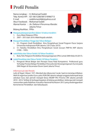 220
Nama Lengkap : H. Mohamad Sodeli
Telp. Kantor/HP : 021-8615286/081318966713
E-mail : sodelisman44jkt@yahoo.co.id
Akun Facebook : Mohamad Sodeli
Alamat Kantor : Jln. Delima 4 Perumnas Klender
Jakarta Timur
Bidang Keahlian: PPKn
Riwayat pekerjaan/profesi dalam 10 tahun terakhir:
1. Guru Mata Pelajaran PPKn
2. 2007 – 2013 dan 2016: Wakil Kepala sekolah.
Riwayat Pendidikan Tinggi dan Tahun Belajar:
1. S2 : Program Studi Pendidikan Ilmu Pengetahuan Sosial Program Pasca Sarjana
Universitas Indraprasta PGRI Jakarta ( 2012 lulus 2015).
2. S1: Fakultas Pendidikan Ilmu Pengetahuan Sosial Jurusan PMP-Kn IKIP Jakarta
(1990 – 1995).
Judul Buku dan Tahun Terbit (10 Tahun Terakhir):
1. BukuTeks Pelajaran Pendidikan Kewarganegaraan (PKn) untuk SMA Kelas XI (2017).
Judul Penelitian dan Tahun Terbit (10 Tahun Terakhir):
1. Pengaruh Minat Belajar dan Persepsi Siswa Pada Kompetensi Profesional guru
Terhadap Prestasi Belajar Pendidikan Pancasila dan Kewarganegaraan (Survei pada
SMA Negeri di Kecamatan Duren Sawit Jakarta Timur)
Informasi Lain dari Penulis:
Lahir diTegal, 5 Maret 1971. Menikah dan dikaruniai 3 anak. Saat ini menetap di Bekasi.
Aktif di organisasi profesi Guru yaitu PGRI DKI Jakarta sebagai anggota kelompok kerja
advokasi Guru dan pernah menjadi Ketua MGMP PKn Provinsi DKI Jakarta periode
2010 - 2014. Terlibat di berbagai kegiatan di bidang pendidikan, beberapa kali menjadi
narasumber pada Pelatihan Instruktur Nasional Kurikulum 2013 yang diselenggarakan
Kementerian Pendidikan dan kebudayaan.
Foto penulis
3x3,5 cm
Profil Penulis
 