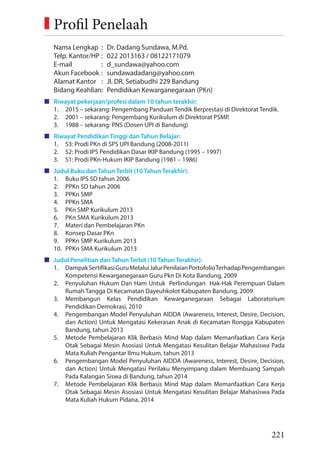 221
Nama Lengkap : Dr. Dadang Sundawa, M.Pd.
Telp. Kantor/HP : 022 2013163 / 08122171079
E-mail : d_sundawa@yahoo.com
Akun Facebook : sundawadadang@yahoo.com
Alamat Kantor : Jl. DR. Setiabudhi 229 Bandung
Bidang Keahlian: Pendidikan Kewarganegaraan (PKn)
Riwayat pekerjaan/profesi dalam 10 tahun terakhir:
1. 2015 – sekarang: Pengembang Panduan Tendik Berprestasi di Direktorat Tendik.
2. 2001 – sekarang: Pengembang Kurikulum di Direktorat PSMP.
3. 1988 – sekarang: PNS (Dosen UPI di Bandung)
Riwayat Pendidikan Tinggi dan Tahun Belajar:
1. S3: Prodi PKn di SPS UPI Bandung (2008-2011)
2. S2: Prodi IPS Pendidikan Dasar IKIP Bandung (1995 – 1997)
3. S1: Prodi PKn-Hukum IKIP Bandung (1981 – 1986)
Judul Buku dan Tahun Terbit (10 Tahun Terakhir):
1. Buku IPS SD tahun 2006
2. PPKn SD tahun 2006
3. PPKn SMP
4. PPKn SMA
5. PKn SMP Kurikulum 2013
6. PKn SMA Kurikulum 2013
7. Materi dan Pembelajaran PKn
8. Konsep Dasar PKn
9. PPKn SMP Kurikulum 2013
10. PPKn SMA Kurikulum 2013
Judul Penelitian dan Tahun Terbit (10 Tahun Terakhir):
1. DampakSertifikasiGuruMelaluiJalurPenilaianPortofolioTerhadapPengembangan
Kompetensi Kewarganegaraan Guru Pkn Di Kota Bandung, 2009
2. Penyuluhan Hukum Dan Ham Untuk Perlindungan Hak-Hak Perempuan Dalam
Rumah Tangga Di Kecamatan Dayeuhkolot Kabupaten Bandung, 2009
3. Membangun Kelas Pendidikan Kewarganegaraan Sebagai Laboratorium
Pendidikan Demokrasi, 2010
4. Pengembangan Model Penyuluhan AIDDA (Awareness, Interest, Desire, Decision,
dan Action) Untuk Mengatasi Kekerasan Anak di Kecamatan Rongga Kabupaten
Bandung, tahun 2013
5. Metode Pembelajaran Klik Berbasis Mind Map dalam Memanfaatkan Cara Kerja
Otak Sebagai Mesin Asosiasi Untuk Mengatasi Kesulitan Belajar Mahasiswa Pada
Mata Kuliah Pengantar Ilmu Hukum, tahun 2013
6. Pengembangan Model Penyuluhan AIDDA (Awareness, Interest, Desire, Decision,
dan Action) Untuk Mengatasi Perilaku Menyimpang dalam Membuang Sampah
Pada Kalangan Siswa di Bandung, tahun 2014
7. Metode Pembelajaran Klik Berbasis Mind Map dalam Memanfaatkan Cara Kerja
Otak Sebagai Mesin Asosiasi Untuk Mengatasi Kesulitan Belajar Mahasiswa Pada
Mata Kuliah Hukum Pidana, 2014
Profil Penelaah
 