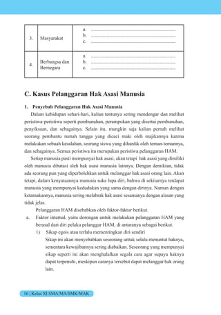16 | Kelas XI SMA/MA/SMK/MAK
3. Masyarakat
a. .....................................................................
b. .....................................................................
c. .....................................................................
4.
Berbangsa dan
Bernegara
a. .....................................................................
b. .....................................................................
c. .....................................................................
C. Kasus Pelanggaran Hak Asasi Manusia
1. Penyebab Pelanggaran Hak Asasi Manusia
Dalam kehidupan sehari-hari, kalian tentunya sering mendengar dan melihat
peristiwa-peristiwa seperti pembunuhan, perampokan yang disertai pembunuhan,
penyiksaan, dan sebagainya. Selain itu, mungkin saja kalian pernah melihat
seorang pembantu rumah tangga yang dicaci maki oleh majikannya karena
melakukan sebuah kesalahan, seorang siswa yang dihardik oleh teman-temannya,
dan sebagainya. Semua peristiwa itu merupakan peristiwa pelanggaran HAM.
Setiap manusia pasti mempunyai hak asasi, akan tetapi hak asasi yang dimiliki
oleh manusia dibatasi oleh hak asasi manusia lainnya. Dengan demikian, tidak
ada seorang pun yang diperbolehkan untuk melanggar hak asasi orang lain. Akan
tetapi, dalam kenyataannya manusia suka lupa diri, bahwa di sekitarnya terdapat
manusia yang mempunyai kedudukan yang sama dengan dirinya. Namun dengan
ketamakannya, manusia sering melabrak hak asasi sesamanya dengan alasan yang
tidak jelas.
Pelanggaran HAM disebabkan oleh faktor-faktor berikut.
a. Faktor internal, yaitu dorongan untuk melakukan pelanggaran HAM yang
berasal dari diri pelaku pelanggar HAM, di antaranya sebagai berikut.
1) Sikap egois atau terlalu mementingkan diri sendiri
Sikap ini akan menyebabkan seseorang untuk selalu menuntut haknya,
sementara kewajibannya sering diabaikan. Seseorang yang mempunyai
sikap seperti ini akan menghalalkan segala cara agar supaya haknya
dapat terpenuhi, meskipun caranya tersebut dapat melanggar hak orang
lain.
 