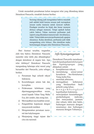PPKn | 49
Untuk menambah pemahaman kalian mengenai nilai yang dikandung dalam
Demokrasi Pancasila, simaklah ilustrasi berikut.
Seorang tukang judi mengatakan bahwa masalah
judi adalah halal karena urusan judi merupakan
urusan usaha manusia untuk mencari nafkah.
Pendapat tersebut itu bijak dan benar menurut
dirinya sebagai manusia. Tetapi apakah kalian
yakin bahwa Tuhan merestui perbuatan judi
sepertiyangdikatakanmanusiatadi.Jawabannya,
tidak.Tuhantidakmerestuiperbuatanjudi,apapun
alasannya. Kalau demikian, perbuatan judi tidak
mengandung ni i i t Jika demikian maka
bertentangan dengan nilai Demokrasi Pancasila.
Dari ilustrasi tersebut, tergambar
oleh kita bahwa Demokrasi Pancasila
memiliki nilai lebih jika dibandingkan
dengan demokrasi di negara lain. Apa
nilai lebihnya? Demokrasi Pancasila
mengandung beberapa nilai moral yang
bersumber dari Pancasila, yaitu sebagai
berikut.
a. Persamaan bagi seluruh rakyat
Indonesia.
b. Keseimbangan antara hak dan
kewajiban.
c. Pelaksanaan kebebasan yang
dipertanggungjawabkan secara
moral kepada Tuhan Yang Maha
Esa, diri sendiri, dan orang lain.
d. Mewujudkan rasa keadilan sosial.
e. Pengambilan keputusan dengan
musyawarah mufakat.
f. Mengutamakan persatuan nasio-
nal dan kekeluargaan.
g. Menjunjung tinggi tujuan dan
cita-cita nasional.
Info Kewarganegaraan
Demokrasi Pancasila mendasar-
kandiripadapahamkekeluargaan
dan kegotongroyongan yang
ditujukan untuk:
a. kesejahteraan rakyat,
b. mendukung unsur-unsur
kesadaran ber-Ketuhanan
Yang maha Esa,
c. menolak atheisme,
d. menegakkan kebenaran
yang berdasarkan budi
pekerti yang luhur,
e. m e n g e m b a n g k a n
kepribadian Indonesia,
f. menciptakan keseimbangan
perikehidupan individu
dan masyarakat, jasmani
dan rohani, lahir dan batin,
hubungan manusia dengan
sesamanya dan hubungan
manusia dengan Tuhannya.
 