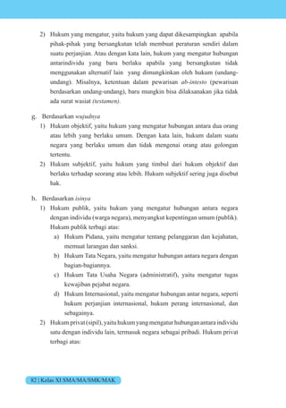 82 | Kelas XI SMA/MA/SMK/MAK
2) Hukum yang mengatur, yaitu hukum yang dapat dikesampingkan apabila
pihak-pihak yang bersangkutan telah membuat peraturan sendiri dalam
suatu perjanjian. Atau dengan kata lain, hukum yang mengatur hubungan
antarindividu yang baru berlaku apabila yang bersangkutan tidak
menggunakan alternatif lain yang dimungkinkan oleh hukum (undang-
undang). Misalnya, ketentuan dalam pewarisan ab-intesto (pewarisan
berdasarkan undang-undang), baru mungkin bisa dilaksanakan jika tidak
ada surat wasiat (testamen).
g. Berdasarkan wujudnya
1) Hukum objektif, yaitu hukum yang mengatur hubungan antara dua orang
atau lebih yang berlaku umum. Dengan kata lain, hukum dalam suatu
negara yang berlaku umum dan tidak mengenai orang atau golongan
tertentu.
2) Hukum subjektif, yaitu hukum yang timbul dari hukum objektif dan
berlaku terhadap seorang atau lebih. Hukum subjektif sering juga disebut
hak.
h. Berdasarkan isinya
1) Hukum publik, yaitu hukum yang mengatur hubungan antara negara
dengan individu (warga negara), menyangkut kepentingan umum (publik).
Hukum publik terbagi atas:
a) Hukum Pidana, yaitu mengatur tentang pelanggaran dan kejahatan,
memuat larangan dan sanksi.
b) Hukum Tata Negara, yaitu mengatur hubungan antara negara dengan
bagian-bagiannya.
c) Hukum Tata Usaha Negara (administratif), yaitu mengatur tugas
kewajiban pejabat negara.
d) Hukum Internasional, yaitu mengatur hubungan antar negara, seperti
hukum perjanjian internasional, hukum perang internasional, dan
sebagainya.
2) Hukum privat (sipil), yaitu hukum yang mengaturhubungan antaraindividu
satu dengan individu lain, termasuk negara sebagai pribadi. Hukum privat
terbagi atas:
 
