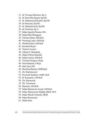 31.
32.
33.
34.
35.
36.
37.
38.
39.
40.
41.
42.
43.
44.
45.
46.
47.
48.
49.
50.
51.
52.
53.
54.
55.
56.
57.
58.
59.
60.
61.

xii

dr. Vivianty Hartiono, Sp.A
dr. Jhon Abas Kaput, Sp.OG
dr. Abdurrasyid Syahrir, Sp.OG
dr. Heryono, Sp.OG
dr. Ahmad Gozali, Sp.OG
dr. Christina, Sp.A
bidan Agustin Paunno, SSt.
bidan Dina Manggara
Yuliana Tahan, AM.Keb
Nuraeng Laipa, AM.Keb
Martha Solisa, AM.Keb
Kornelia Hayer
Tamar Lorwens
Johana A. Manuputy
bidan Ni Ktut Santiadi
bidan Lestari, AM.Keb
Victoria Tarigan, S.Kep
Peni Indrarini, S.Kep
Ida Liana, SSt.
Rita Eka Martini, AMD.Keb
Ztr. Rachmawati
Nyoman Sudarmi, AMD. Keb
R. Kuntarini, AM.Keb
Ztr. Hasnawati
Ztr. Trisnawati
Basniati, AM.Keb
bidan Hasnawati Assad, AM.Keb
bidan Masnawaty Madjid, SKM. M.S
bidan Waode Fatimah, SKM
bidan Rismawati
bidan Irma

Pedoman Rumah Sakit Pelayanan Obstetri Neonatal Emergensi Komprehensif (Ponek) 24 Jam

 