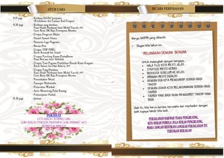 8.15 pagi : Ketibaan Dif-Dif Jemputan
(Pendaftaran dan Catatan Kad Ucapan)
8.30 pagi : Ketibaan yang diraikan,
Puan Hajah Norhayati binti Mohd Yaacob, PPT
Guru Besar SK Raja Perempuan Muzwin
- Ucapan Pengerusi Majlis
- Nasyid Asmaul Husna
- Nyanyian Lagu Negaraku
- Bacaan Doa
- Ucapan YDP PIBG;
Encik Rosmadi bin Ismail
- Ucapan Penolong Kanan Pentadbiran;
Puan Nor’aini binti Abdullah
- Ucapan Tuan Pegawai Pendidikan Daerah Kuala Kangsar;
Encik Safuan bin Haji Raba’ai, PPT
- Ucapan Yang Diraikan;
Puan Hajah Norhayati binti Mohd Yaacob, PPT
Guru Besar SK Raja Perempuan Muzwin
- Persembahan Murid
- Tayangan Multimedia
- Penyerahan Watikah
- Acara Memotong Pulut Kuning
- Penyampaian Hadiah
11.30 pagi : Jamuan
PERAWAT
KITA ADALAH SEORANG GURU
GURU ADALAH PENDIDIK, PENYAMPAI ILMU, PERAWAT HATI
MEMBENTUK MANUSIA
ATUR CARA BICARA PERPISAHAN
Warga SKRPM yang dikasihi,
 Slogan kita tahun ini;
‘ MELANGKAH DENGAN BERGAYA ’
Untuk melangkah dengan bergaya…
 HALA TUJU KITA MESTI JELAS
 STRATEGI MESTI KEMAS
 BERSEDIA SEBELUM KE KELAS
 AMANAH MESTI DIGALAS
 DENGAN DOA KITA MENGHARAP SEBAIK-BAIK
TAKDIR
 DENGAN USAHA KITA MELAKSANAKAN SEBAIK-BAIK
TADBIR
 TADBIR YANG BAIK AKAN MENGGAMIT TAKDIR YANG
BAIK
Oleh itu, kita harus berdoa, berusaha dan mentadbir dengan
baik supaya takdir kita baik.
PERJALANAN DAKWAH TIADA PENGHUJUNG,
KITA BUKAN PEMULA JUGA BUKAN PENGHUJUNG,
MAKA JANGAN HENTIKAN LANGKAH PERJALANAN ITU
TERUSKAN BERJALAN
 