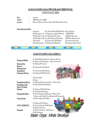 JAWATANKUASA PROGRAM ORIENTASI
TAHUN SATU 2014
Hari
Tarikh
Tempat

:
:

Jumaat
30hb Disember 2013
Dataran Mawar, Dewan Tahun 6 & Kelas Tahun Satu

:

Jawatankuasa Induk
Pengerusi
: En. Ahmad Zuki B. Mohd. Raus (Guru Besar)
Naib Pengerusi I : Tn. Hj. Kamaruddin B. Hamid (GPK HEM)
Naib Pengerusi II : Pn. Hjh. Rosmi Bt. Jamat
(GPK Kurikulum)
Naib Pengerusi III : En. Abd. Manap B. Ahmad
(GPK Ko-Kurikulum)
Setiausaha
: Pn. Zarina Bt. Abd. Razak
(Penyelaras Transisi)
Naib Setiausaha : Pn. Harlina Bt. Shahdan
(Penyelaras Tahun Satu)

JAWATANKUASA KERJA
Pengerusi Majlis
Bacaan Doa
Brosur/
Dokumentasi
Lagu Rasmi
Persiapan Dewan

Pendaftaran Murid
Pendaftaran Ibu
bapa/ Penjaga
Disiplin
Pengendali Kelas
Tunjuk Arah

LCD / SIARAYA
Fotografi

En. Nijal Bahari B. Ismail - Dataran Mawar
Pn. Harlina Bt. Shahdan ~ Dewan Tahun 6
En. Ridzani B. Termiti
Pn. Zarina Bt. Abd. Razak
Pn. Arzunainiah Bt. Khazin
En. Ibrahim B. Mohd. Tahar
Ustzh Jamilah
Pekerja
Pn. Shahirah Bt. Jamaluddin > Kelas 1 Arif
Pn. Rapidah Bt. Mat Rashid
En. Ibrahim B. Mohd. Tahar
Pn. Norazlina Bt. Jahron
Pn. Nurul Farhana Bt. Rerah > Kelas 1 Arif
* dibantu oleh Ustzh Noor Shuhada Bt. Samsudin
Usth Nor Adnie Bt. Mohd.
Pn. Rahimah Bt. Misran
En. Samsul Azman B. Md. Saad
En. Roslan B. Omar
Usth Nor Azizah bt. Abd. Karim
Usth Norhayati

Badan Cergas, Minda Bercahaya

 