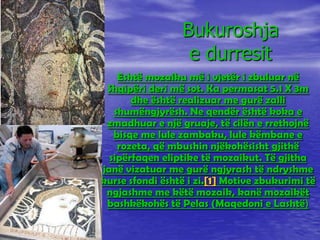 Bukuroshja
e durresit
Eshtë mozaiku më i vjetër i zbuluar në
Shqipëri deri më sot. Ka permasat 5.1 X 3m
dhe është realizua...