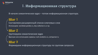 1. Информационная структура
В начале семантическое ядро – потом информационная структура.
Составляем расширенный список ключевых слов
Шаг 1
Используем: wordstat.yandex.ru, key-collector.ru и пр.
Группируем семантическое ядро
Шаг 2
Вручную или используем сервисы rush-analytics.ru, semparser.ru
Формируем информационную структуру по группам запросов
Шаг 3
 